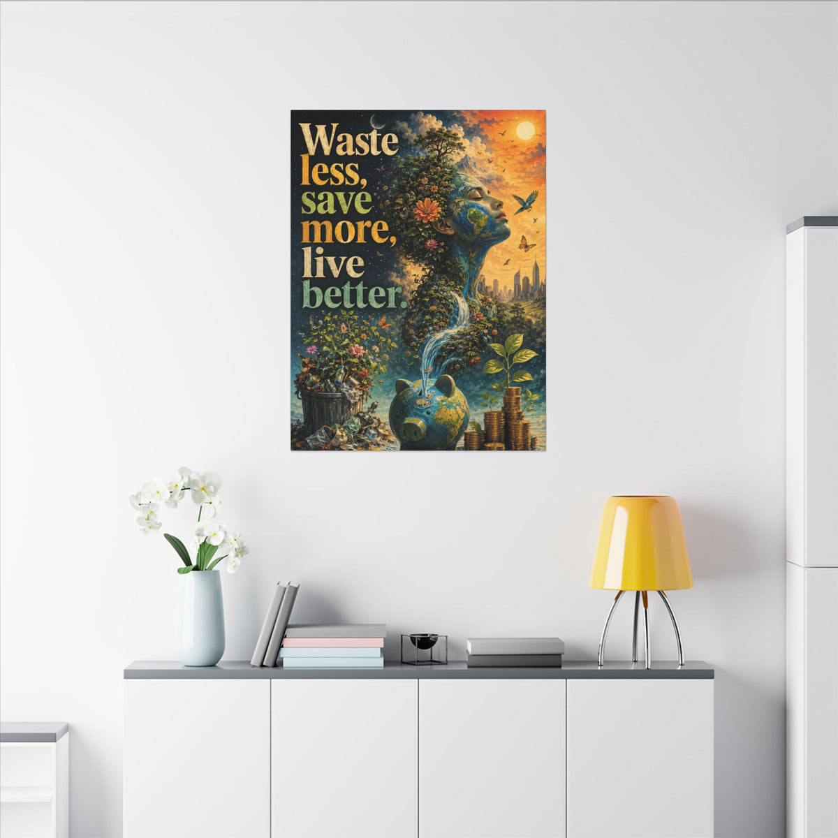 "WASTE LESS, SAVE MORE, LIVE BETTER." - Earthsmart Eco-Friendly Inspirational Wall Art.