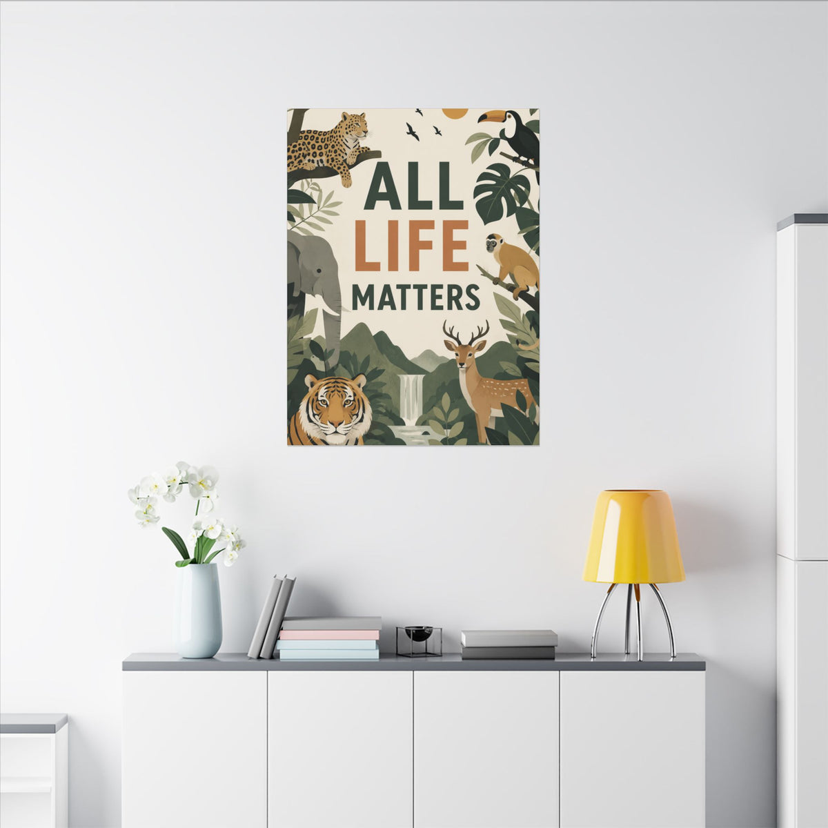 "ALL LIFE MATTERS" (modern art style) - Earthsmart Canvas Wall Art. Jungle Wildlife. (Matte Stretched Print).