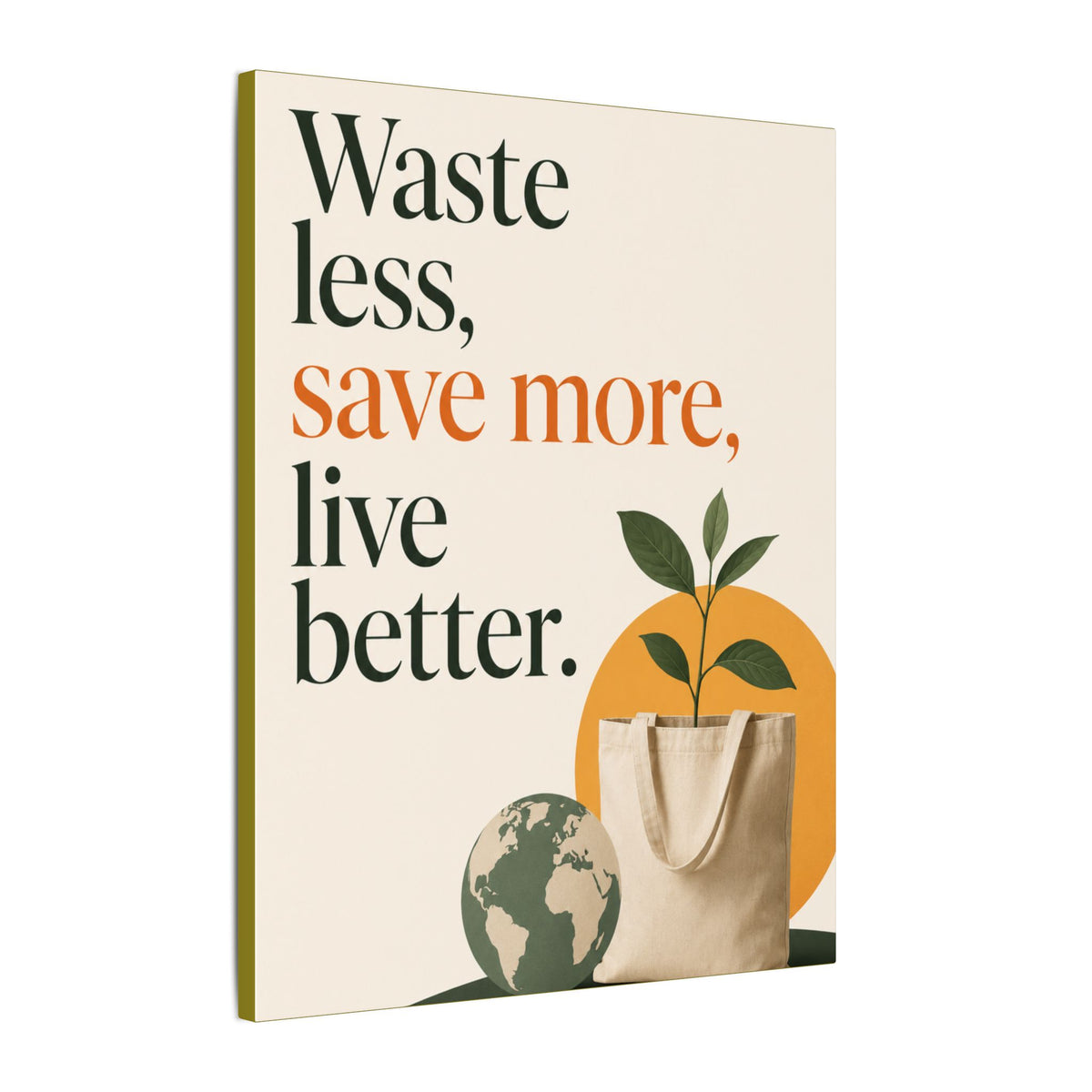 "WASTE LESS, SAVE MORE, LIVE BETTER." (Minimalist art style). Earthsmart Wall Art.