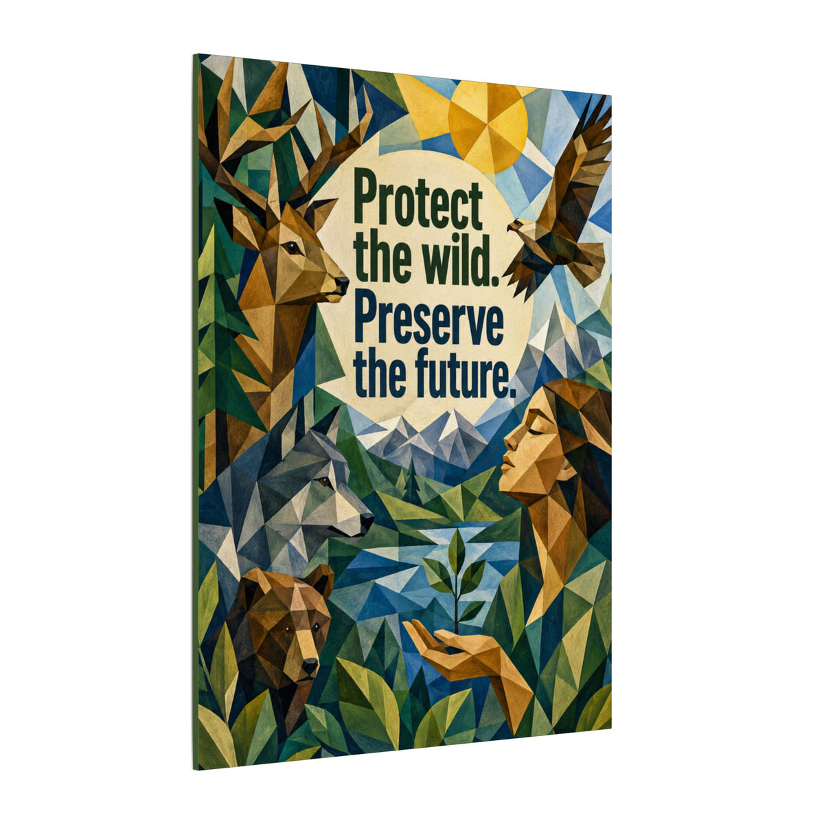 "PROTECT THE WILD PRESERVE THE FUTURE" (Cubist art style). Earthsmart Eco Canvas Wall Art (Matte Stretched Print).