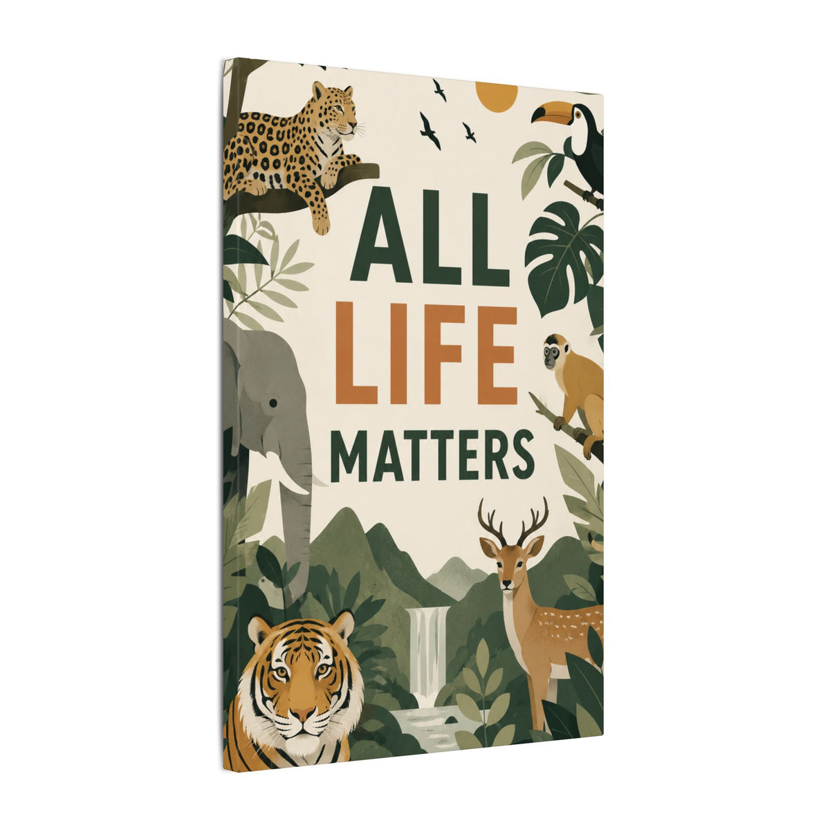"ALL LIFE MATTERS" (modern art style) - Earthsmart Canvas Wall Art. Jungle Wildlife. (Matte Stretched Print).