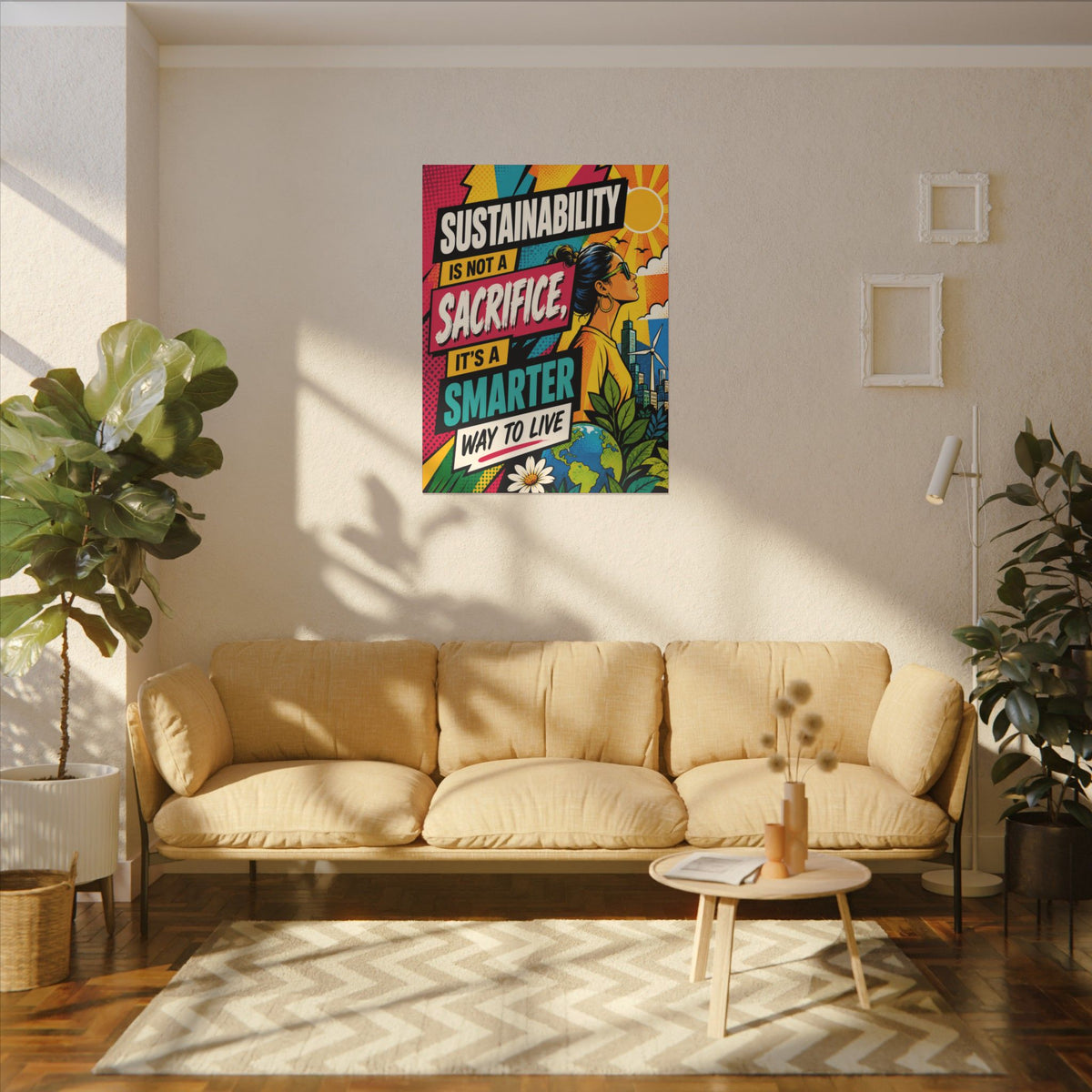 "SUSTAINABILITY IS NOT A SACRIFICE, IT'S A SMARTER WAY TO LIVE" (Pop culture art style). Earthsmart Eco Canvas Wall Art (Matte Stretched Print).