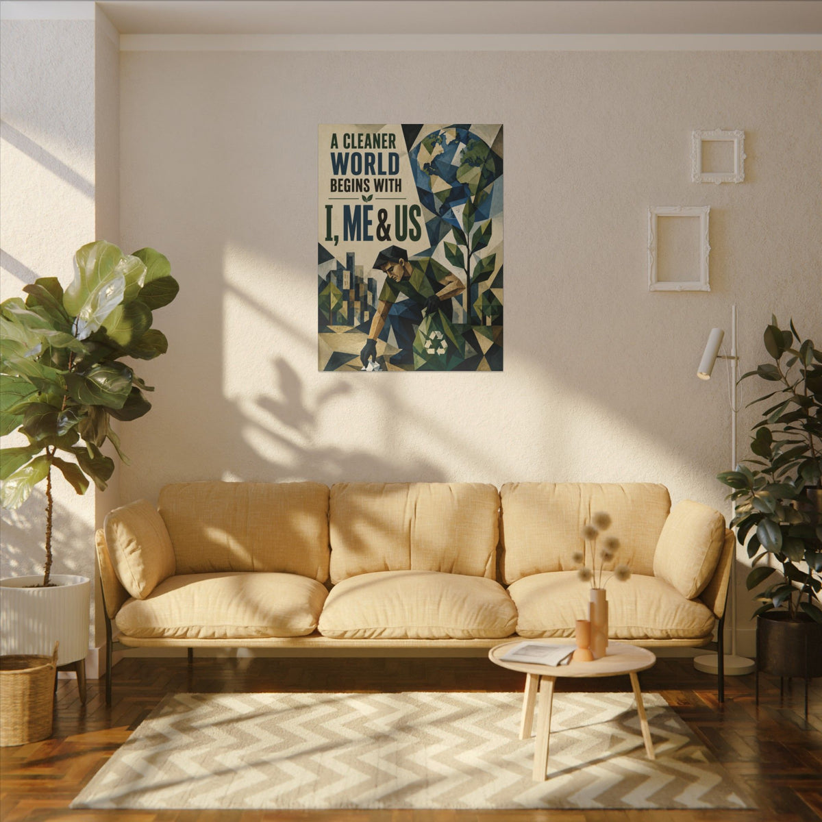 "A CLEANER WORLD BEGINS WITH I, ME & US (Cubist art style). Earthsmart Canvas Wall Art. ( Matte Stretched Print).
