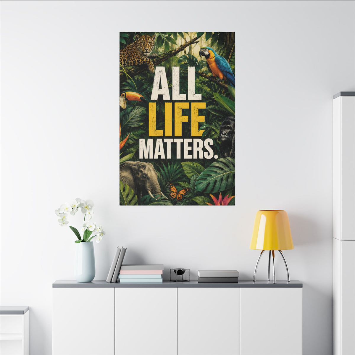 "ALL LIFE MATTERS" (Realist art style)  — Earthsmart Canvas Wall Art. Jungle Wildlife (Matte Stretched Canvas).
