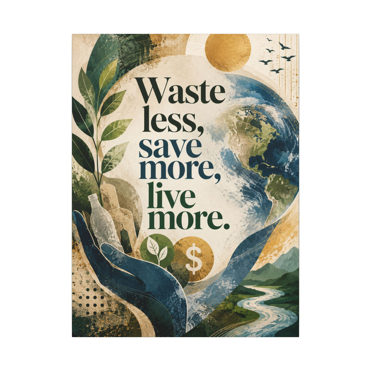 "WASTE LESS, SAVE MORE, LIVE MORE.”(abstract art style).  Earthsmart Eco Motivational Print