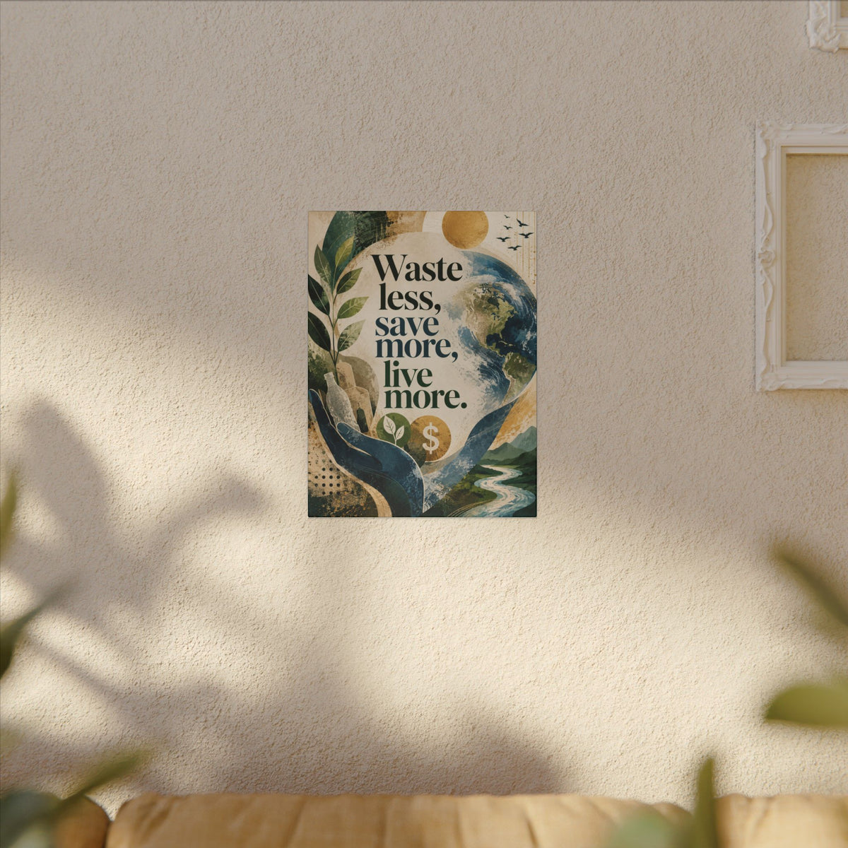 "WASTE LESS, SAVE MORE, LIVE MORE.”(abstract art style).  Earthsmart Eco Motivational Print