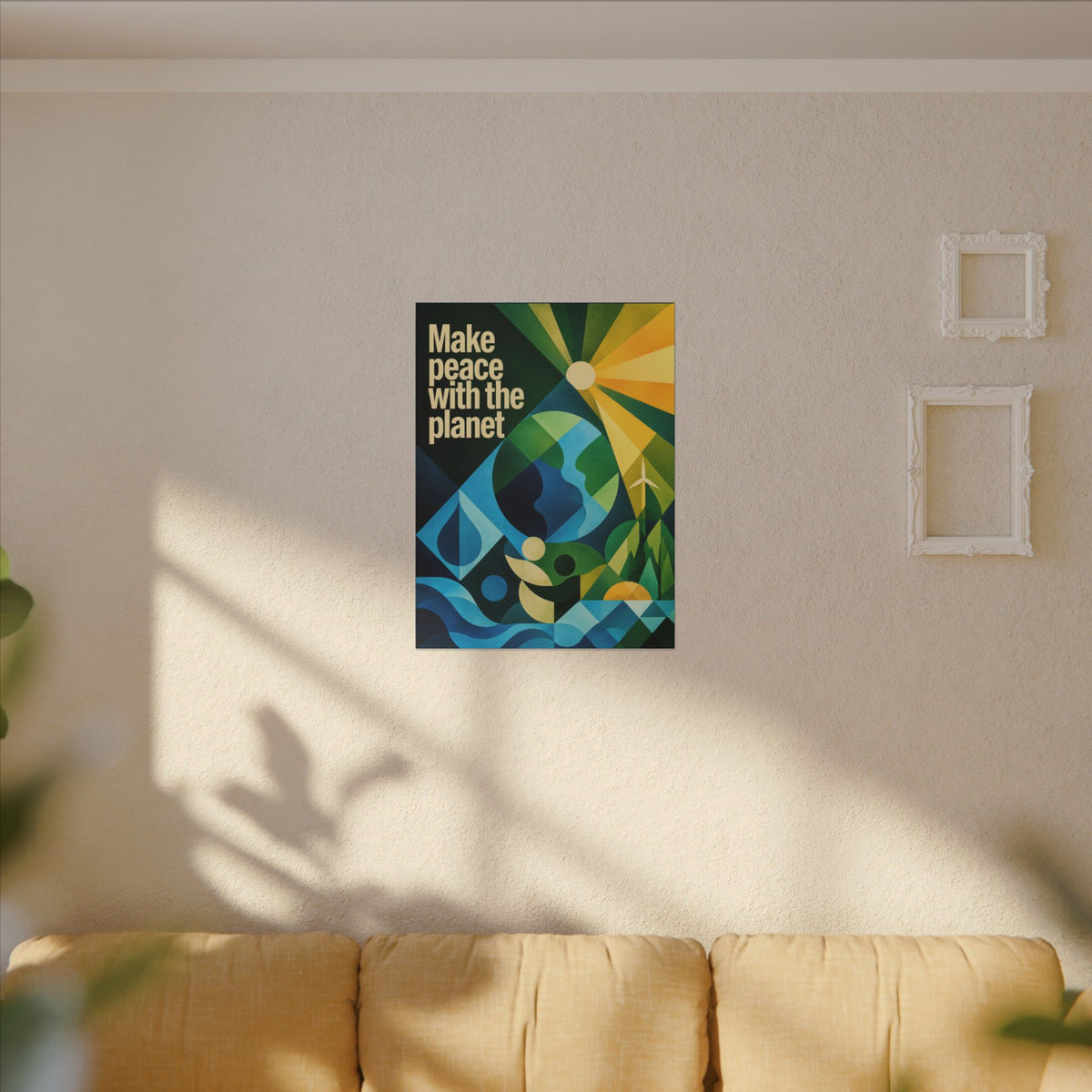 "MAKE PEACE WITH THE PLANET" (Radical Geometric art style). Earthsmart Eco Canvas Wall Art (Matte Stretched Print).