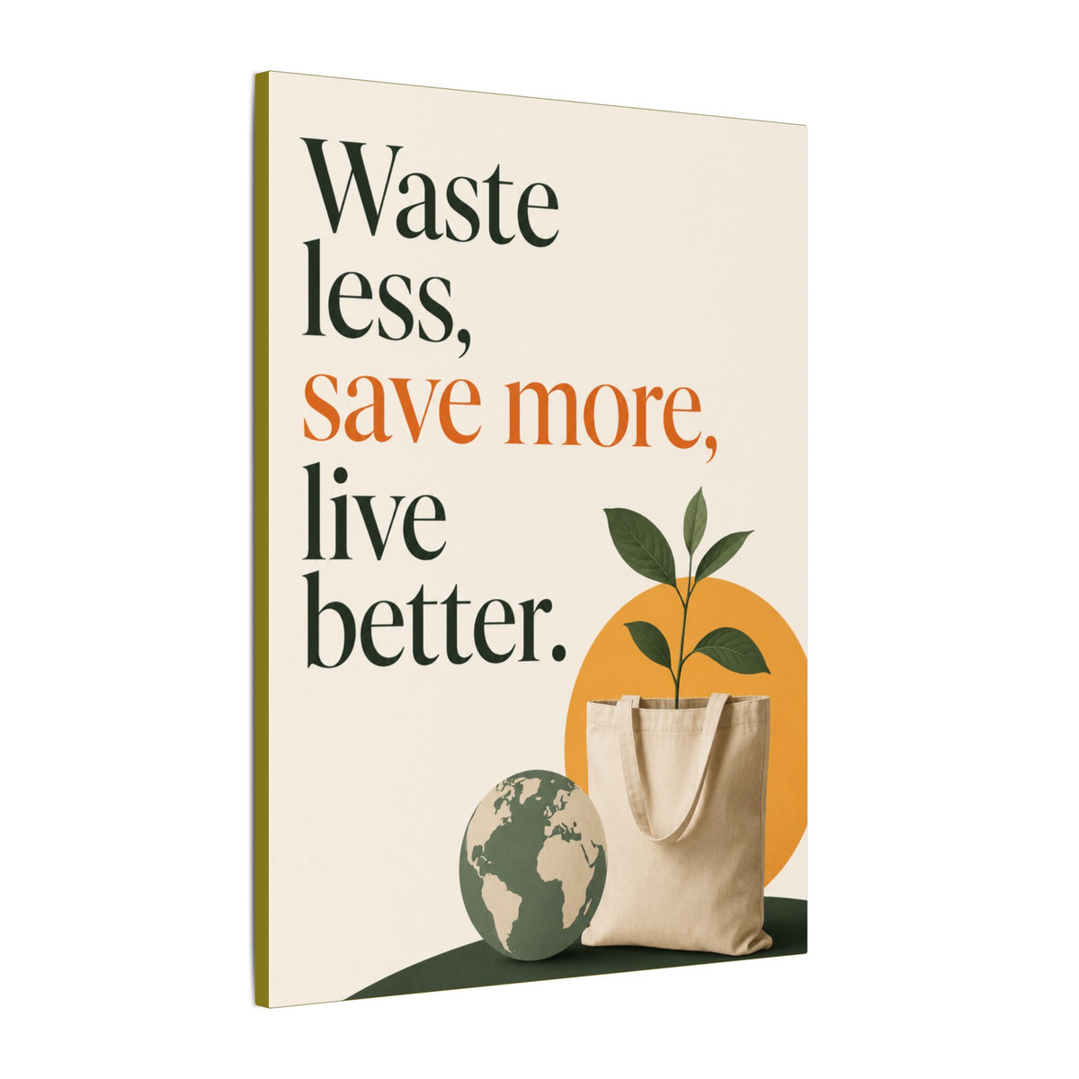 "WASTE LESS, SAVE MORE, LIVE BETTER." (Minimalist art style). Earthsmart Wall Art.