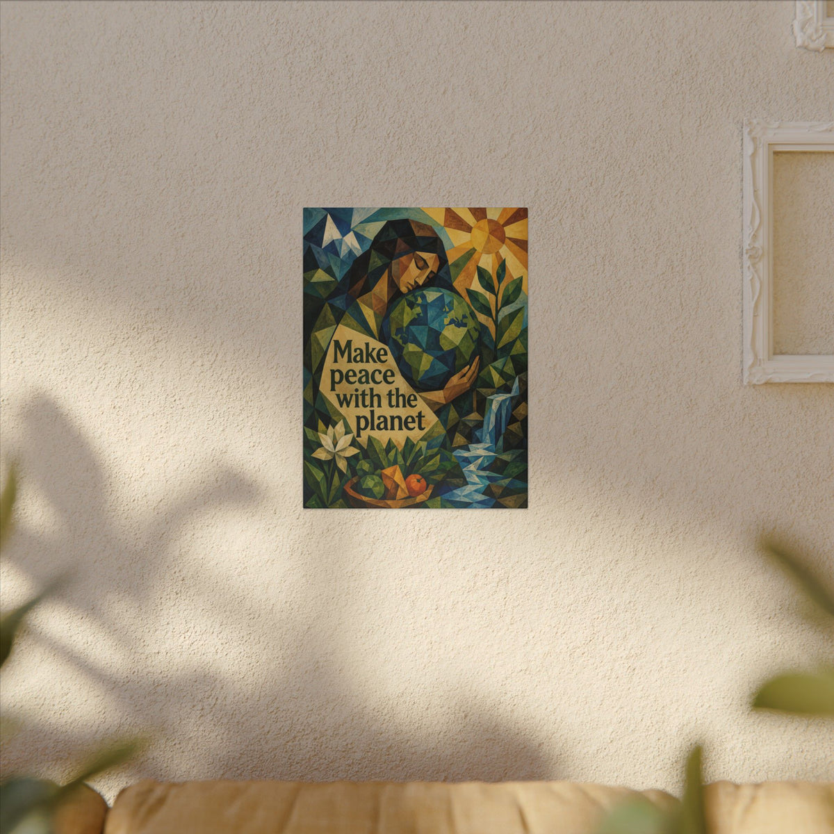 "MAKE PEACE WITH THE PLANET" (Cubist art style). Earthsmart Eco Canvas Wall Art (Matte Stretched Print).