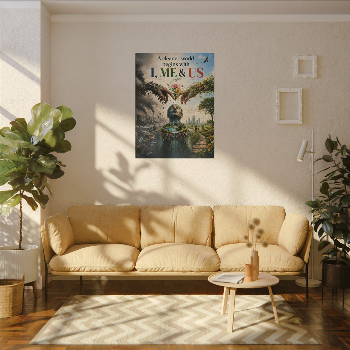 "A CLEANER WORLD BEGINS WITH I, ME & UD" (Surrealist art style). Earthsmart Canvas Wall Art. (Matte Stretched Canvas).