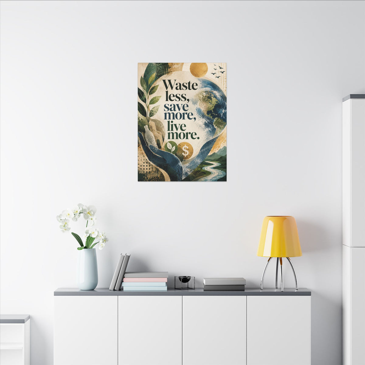 "WASTE LESS, SAVE MORE, LIVE MORE.”(abstract art style).  Earthsmart Eco Motivational Print