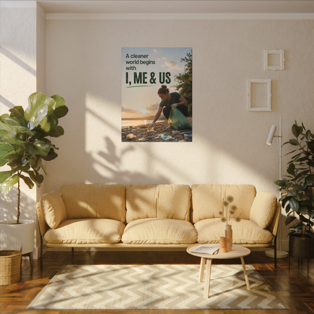 "A CLEANER WORLD BEGINS WITH I, ME & US" (Photographic style). Earthsmart Canvas Wall Art. (Matte Stretched Print).