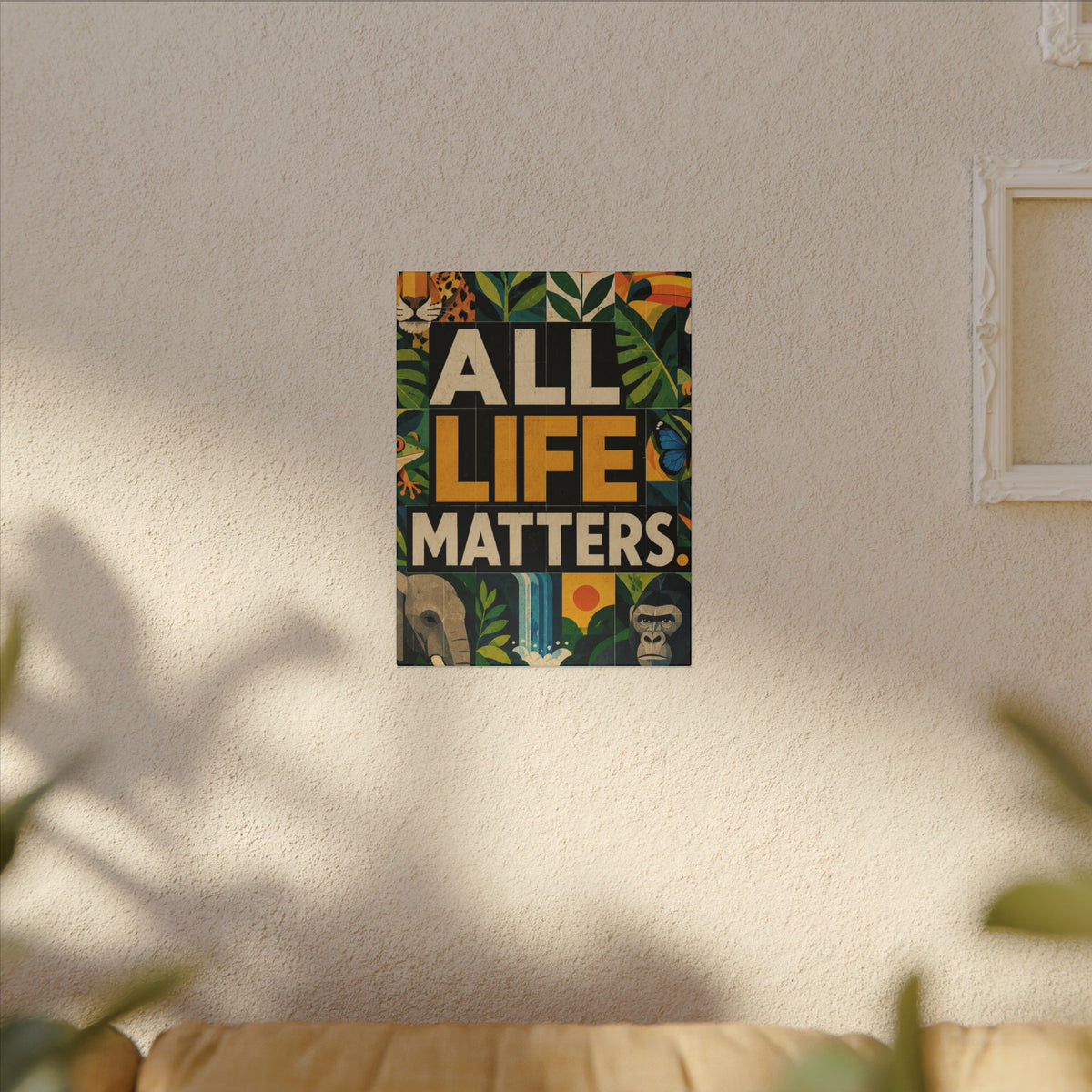 "ALL LIFE MATTERS" (Geometric art style) Earthsmart Canvas Wall Art — Jungle Wildlife. (Matte Stretched Print)