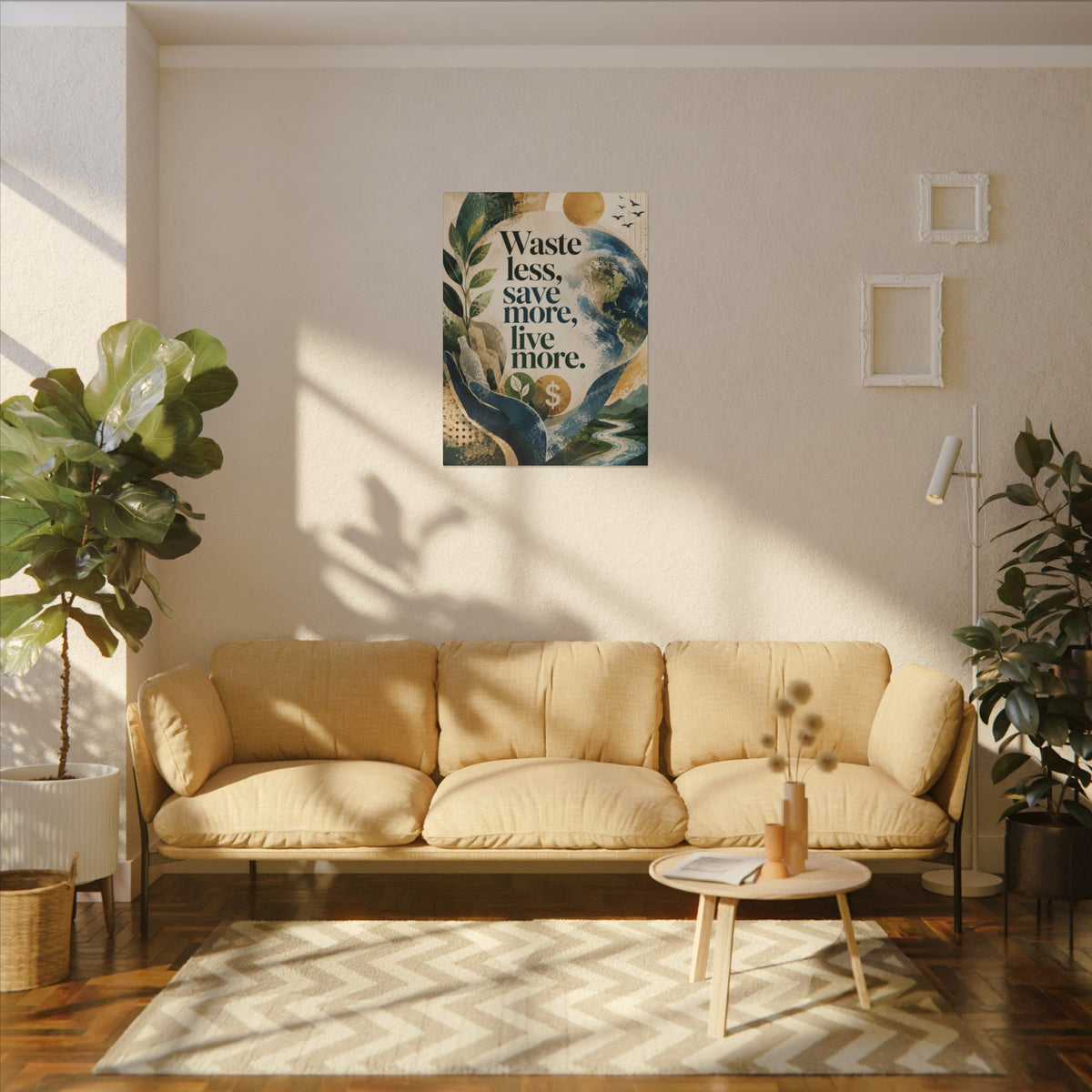 "WASTE LESS, SAVE MORE, LIVE MORE.”(abstract art style).  Earthsmart Eco Motivational Print