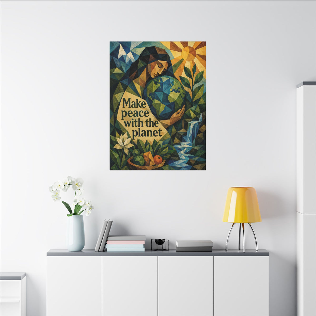 "MAKE PEACE WITH THE PLANET" (Cubist art style). Earthsmart Eco Canvas Wall Art (Matte Stretched Print).