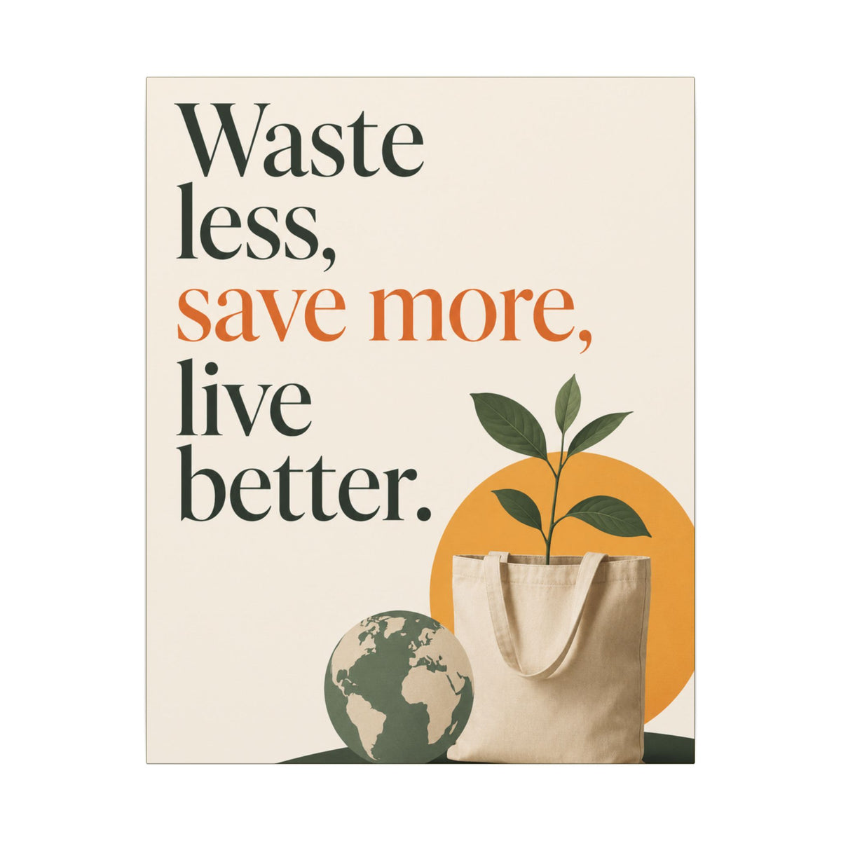 "WASTE LESS, SAVE MORE, LIVE BETTER." (Minimalist art style). Earthsmart Wall Art.