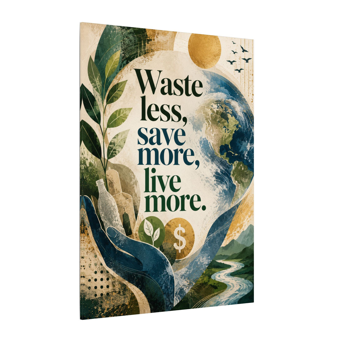 "WASTE LESS, SAVE MORE, LIVE MORE.”(abstract art style).  Earthsmart Eco Motivational Print