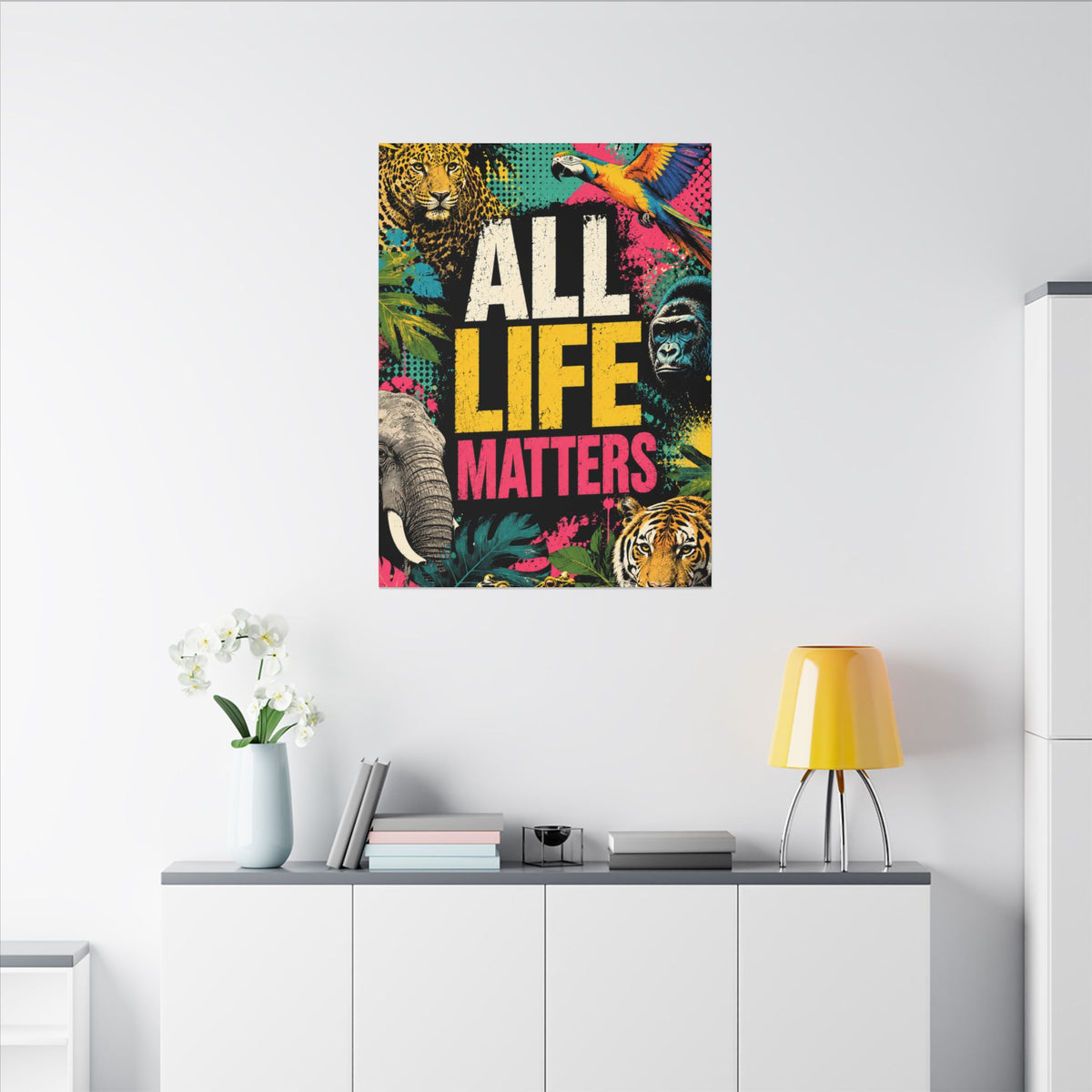 "ALL LIFE MATTERS" (Pop culture art style) - Earthsmart Canvas Wall Art. Jungle Wildlife. (Matte Stretched Print).