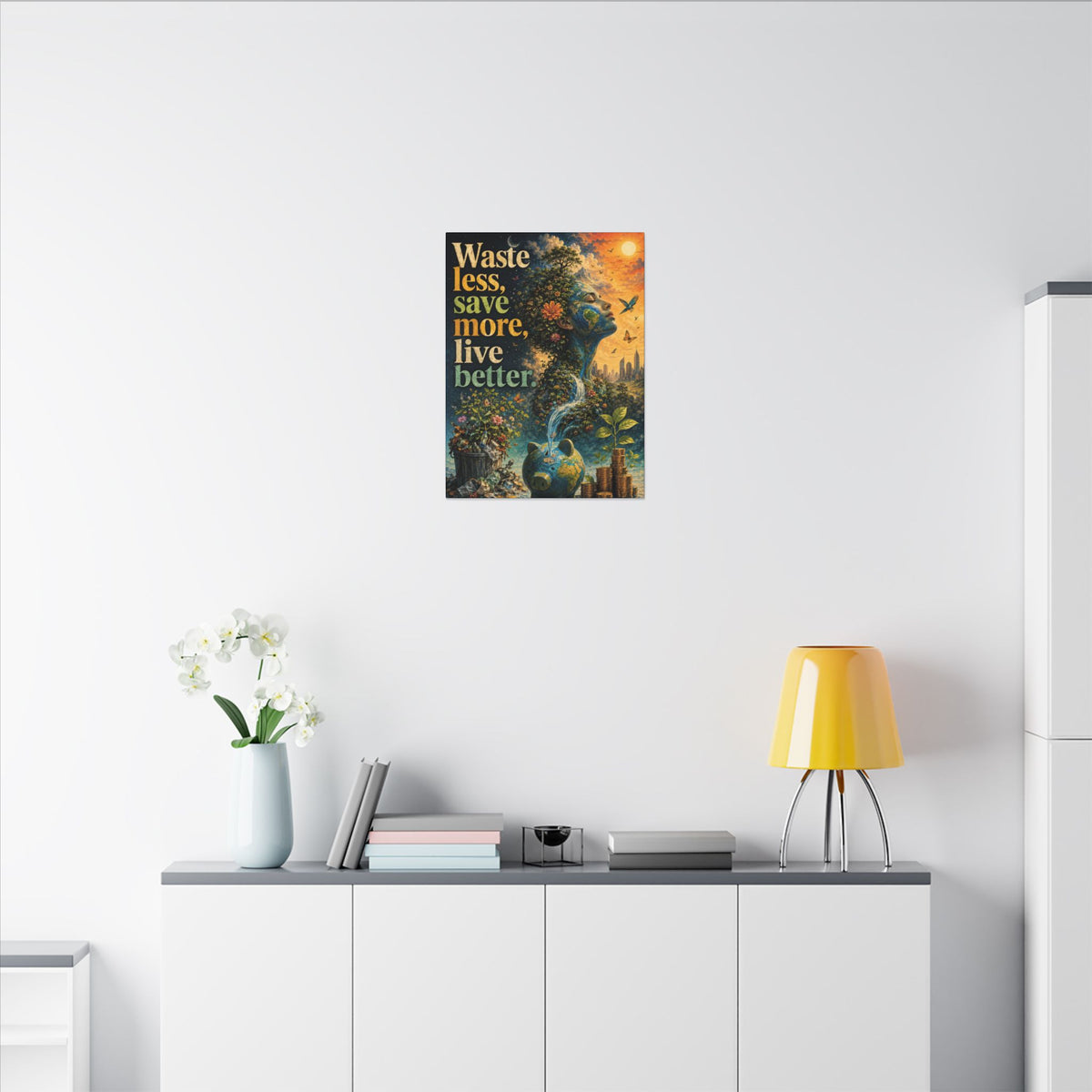 "WASTE LESS, SAVE MORE, LIVE BETTER." - Earthsmart Eco-Friendly Inspirational Wall Art.