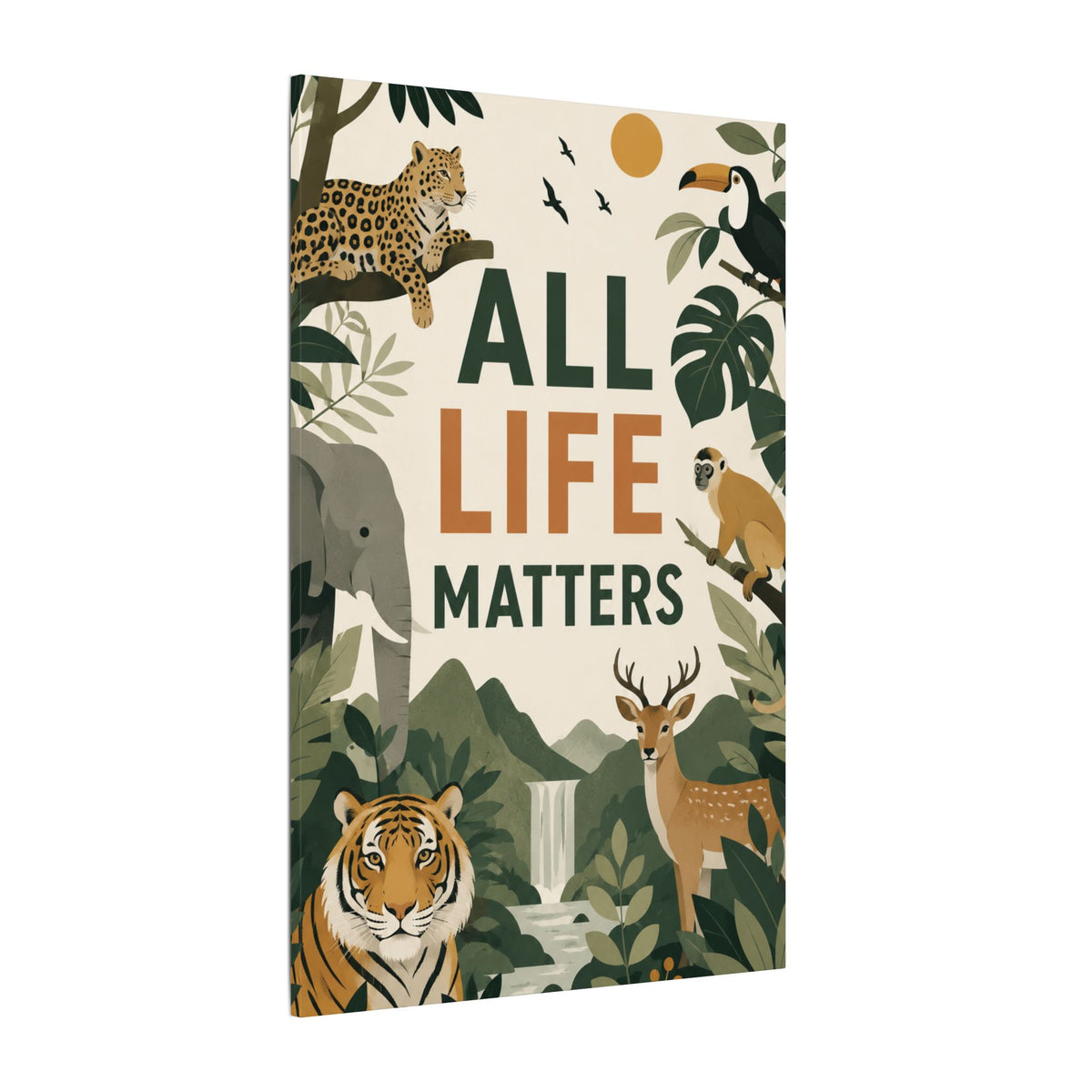 "ALL LIFE MATTERS" (modern art style) - Earthsmart Canvas Wall Art. Jungle Wildlife. (Matte Stretched Print).