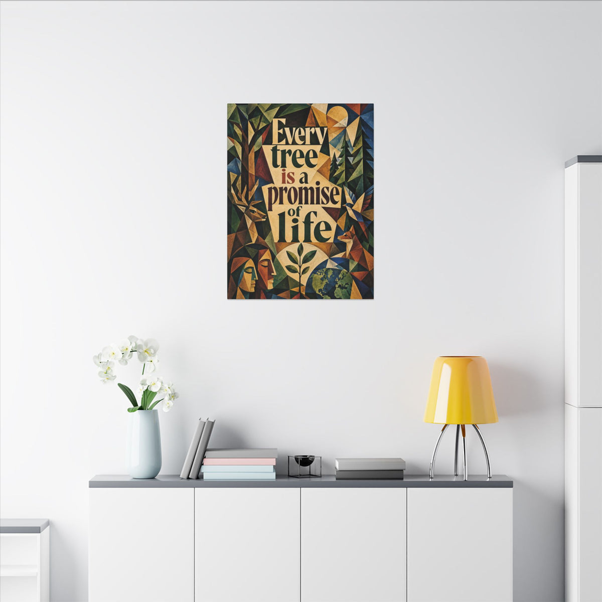 "EVERY TREE IS A PROMISE OF LIFE" (Cubist art style). Earthsmart Eco Canvas Wall Art (Matte Stretched Print).