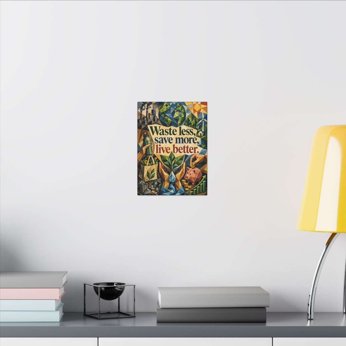 "WASTE LESS SAVE MORE, LIVE BETTTER." (Cubist art style). Earthsmart,  Eco-Friendly Inspirational Wall Art