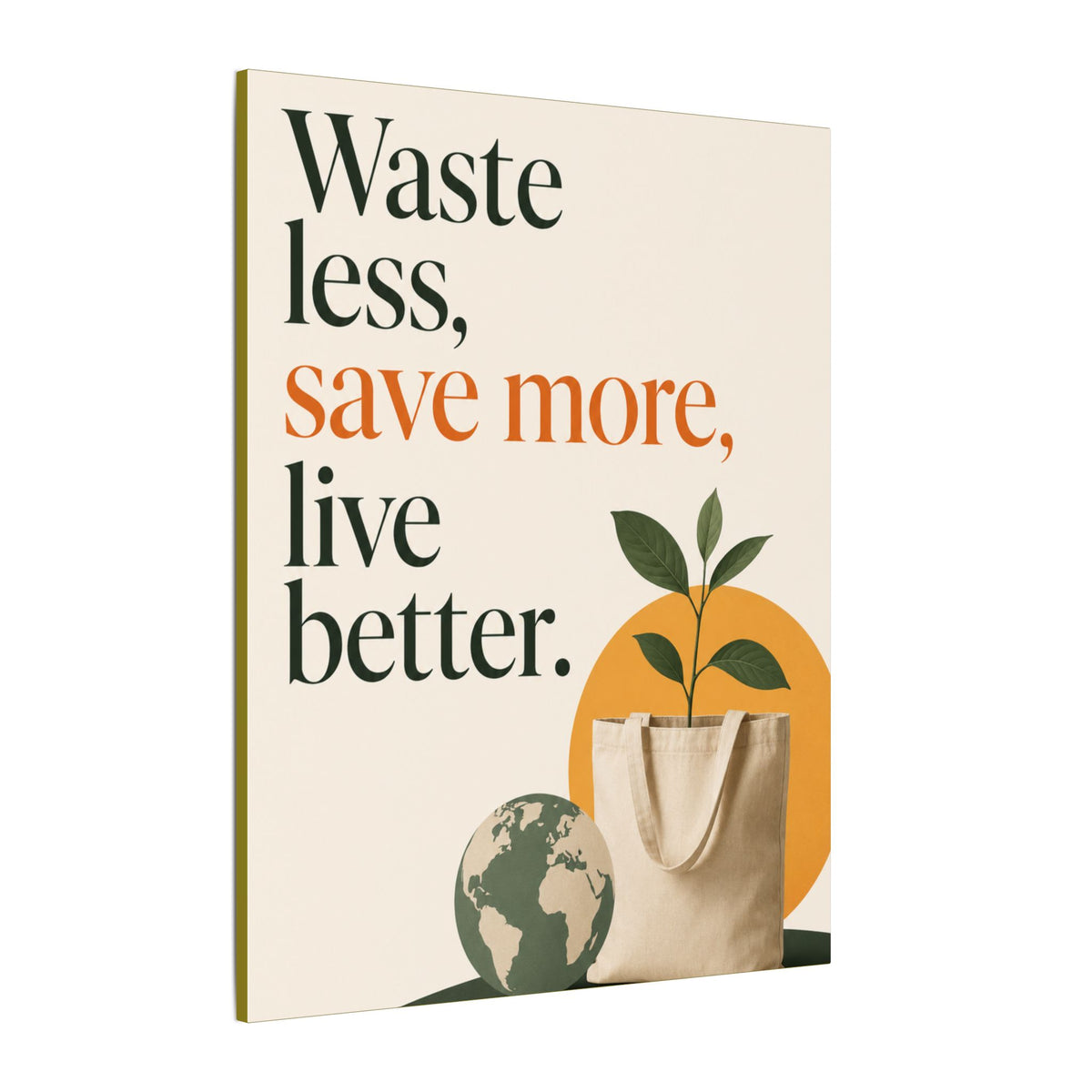 "WASTE LESS, SAVE MORE, LIVE BETTER." (Minimalist art style). Earthsmart Wall Art.