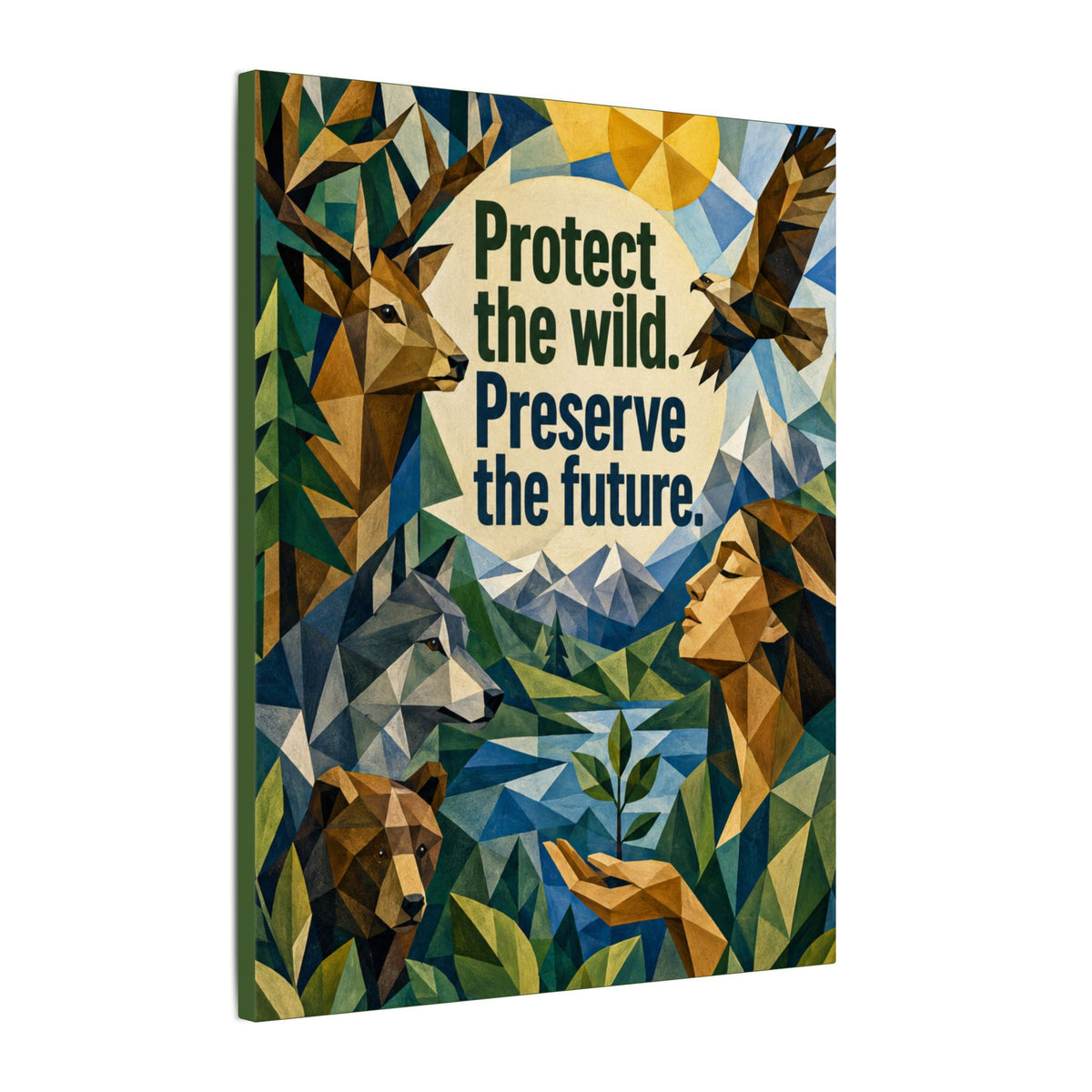 "PROTECT THE WILD PRESERVE THE FUTURE" (Cubist art style). Earthsmart Eco Canvas Wall Art (Matte Stretched Print).