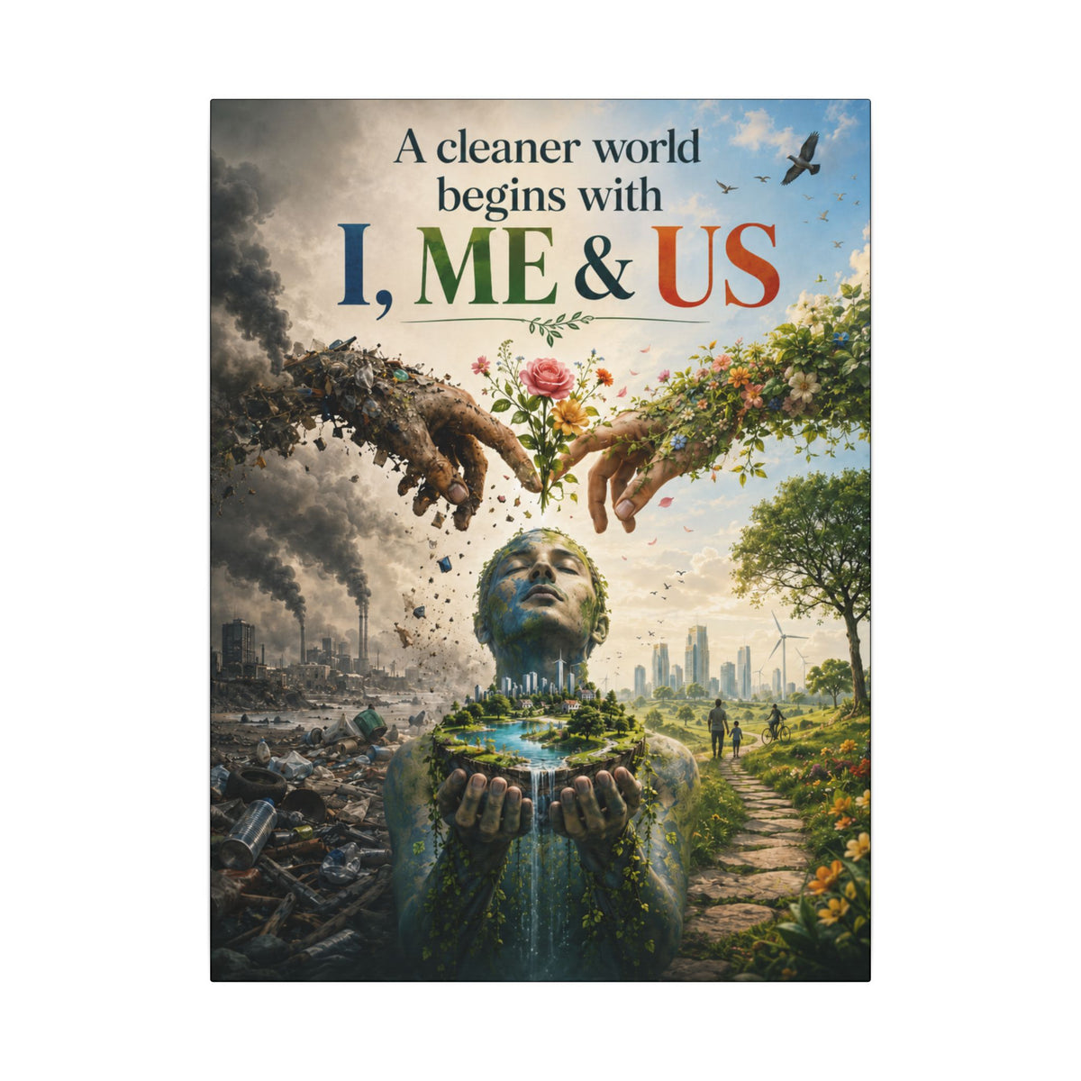 "A CLEANER WORLD BEGINS WITH I, ME & UD" (Surrealist art style). Earthsmart Canvas Wall Art. (Matte Stretched Canvas).