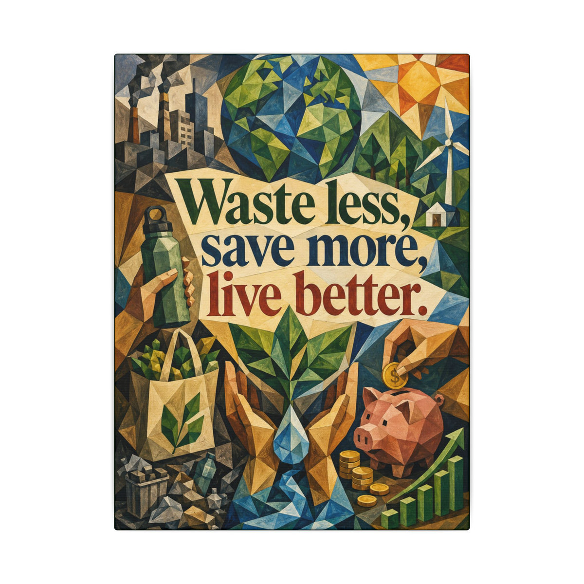 "WASTE LESS SAVE MORE, LIVE BETTTER." (Cubist art style). Earthsmart,  Eco-Friendly Inspirational Wall Art