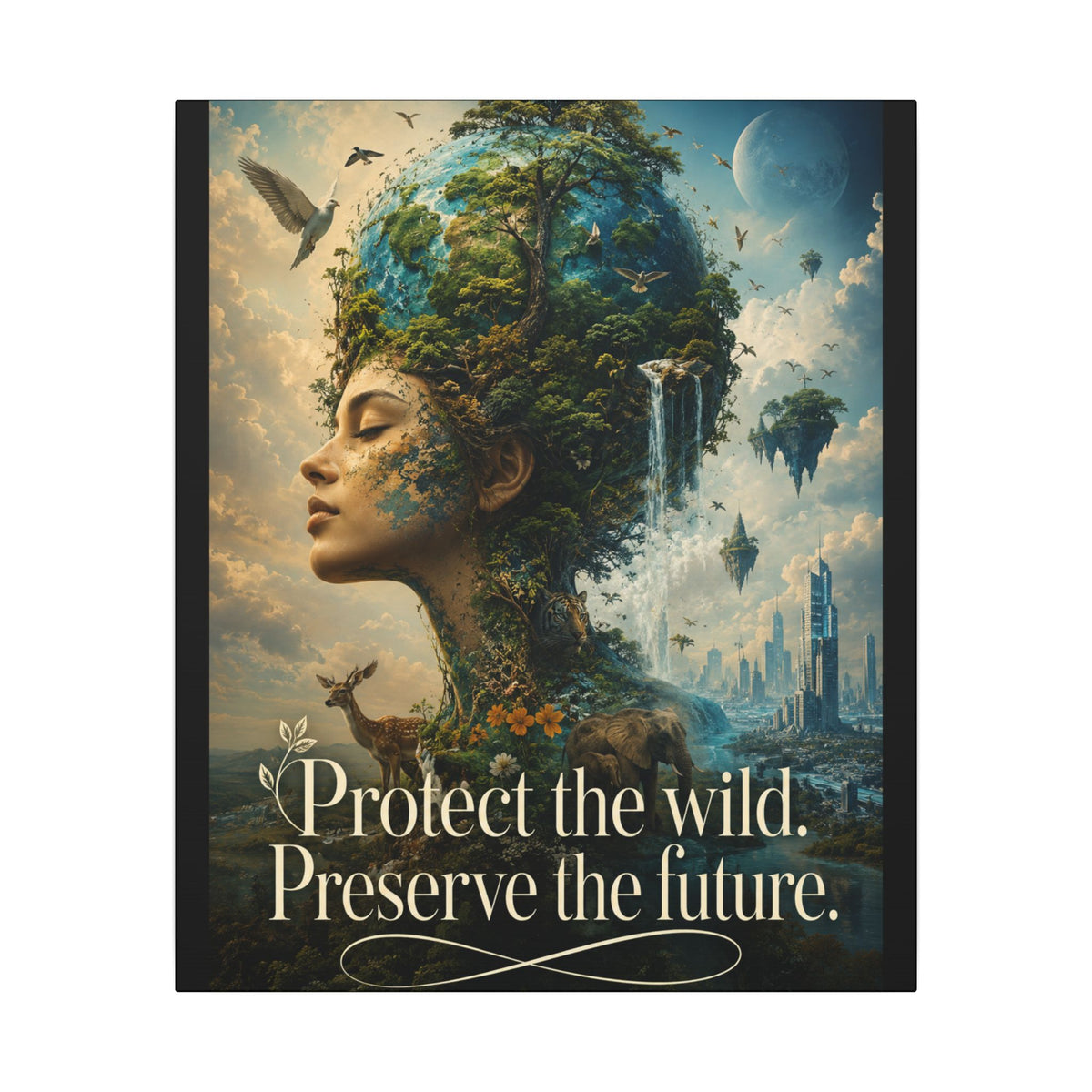 "PROTECT THE WILD PRESERVE THE FUTURE" (Surrealist art style). Earthsmart Eco Canvas Wall Art (Matte Stretched Print).