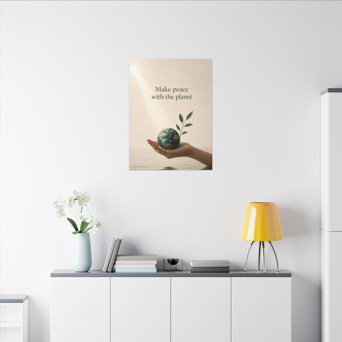 "MAKE PEACE WITH THE PLANET" (Minimalist art style). Earthsmart Eco Canvas Wall Art (Matte Stretched Print).