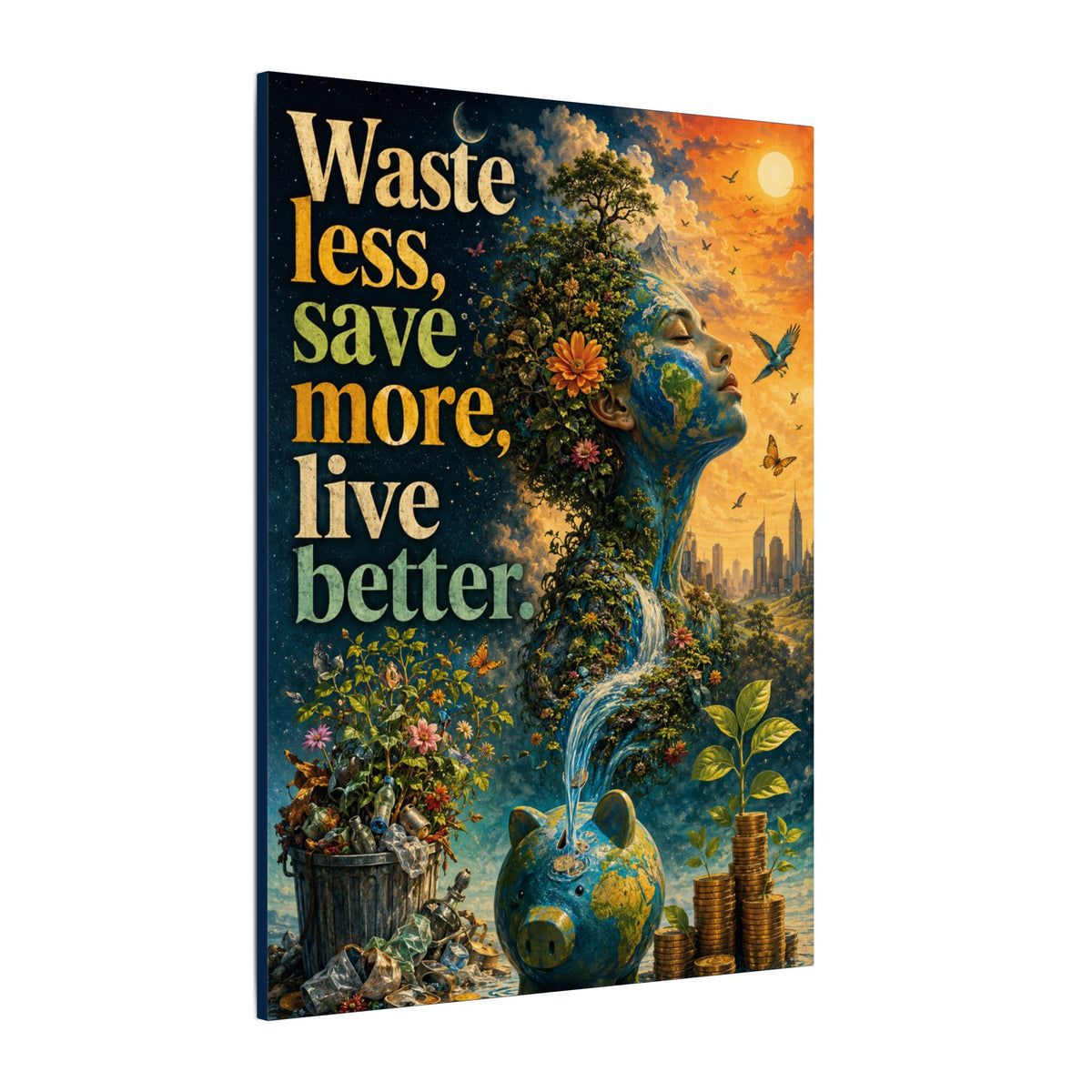 "WASTE LESS, SAVE MORE, LIVE BETTER." - Earthsmart Eco-Friendly Inspirational Wall Art.