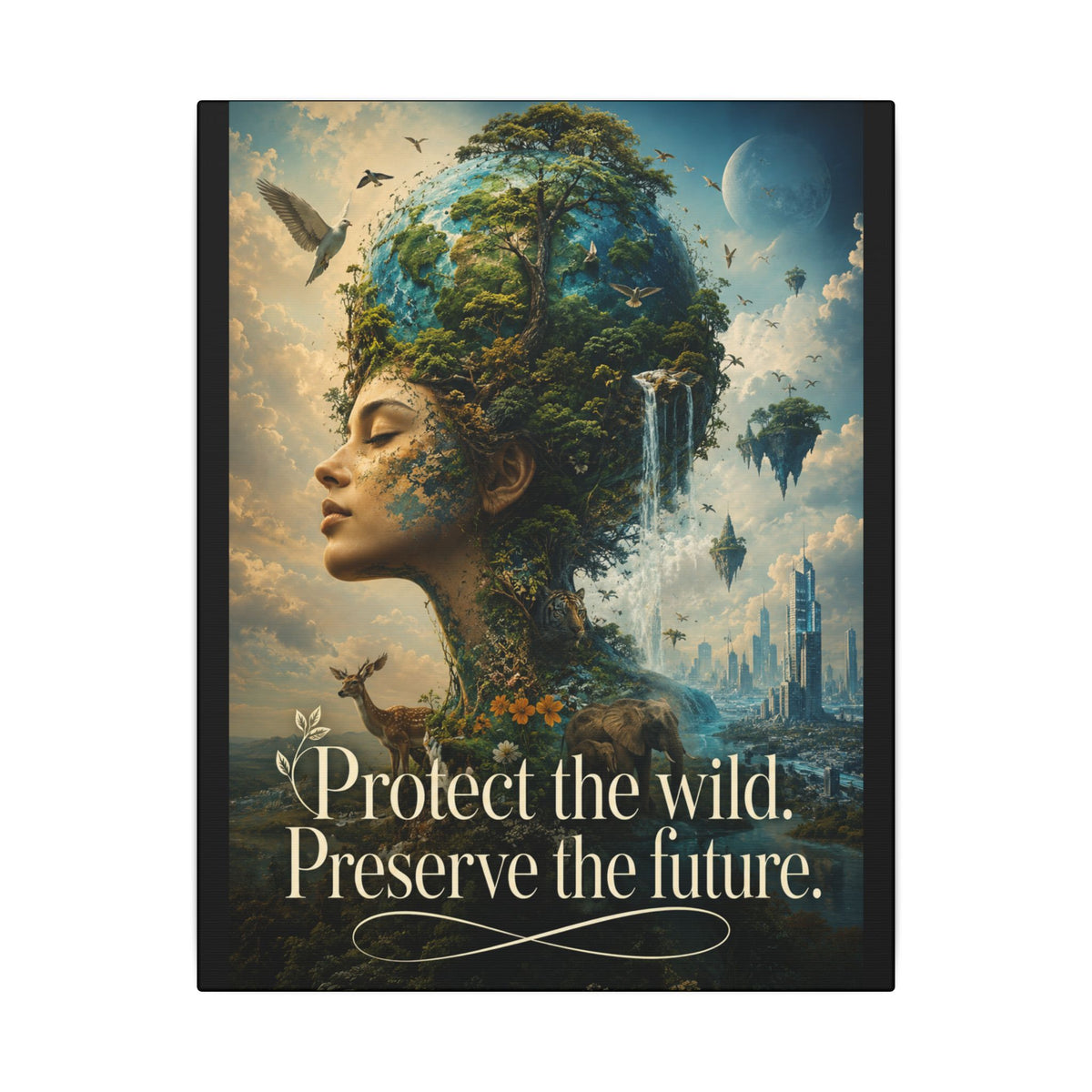"PROTECT THE WILD PRESERVE THE FUTURE" (Surrealist art style). Earthsmart Eco Canvas Wall Art (Matte Stretched Print).