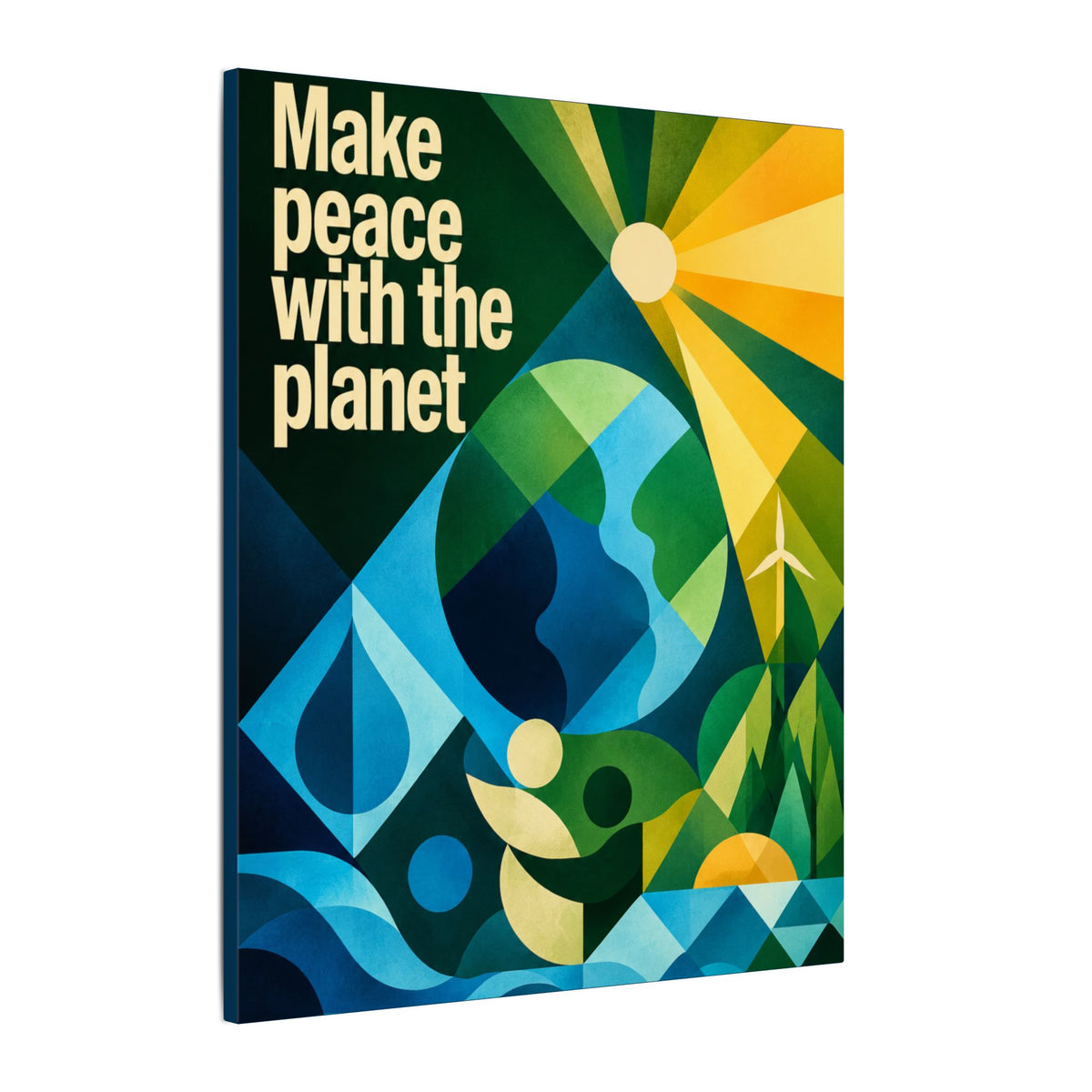 "MAKE PEACE WITH THE PLANET" (Radical Geometric art style). Earthsmart Eco Canvas Wall Art (Matte Stretched Print).
