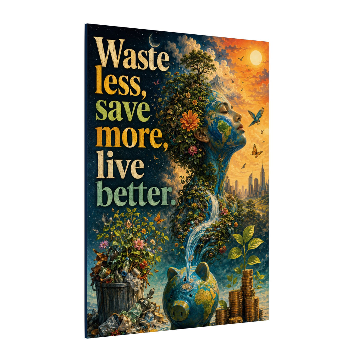 "WASTE LESS, SAVE MORE, LIVE BETTER." - Earthsmart Eco-Friendly Inspirational Wall Art.