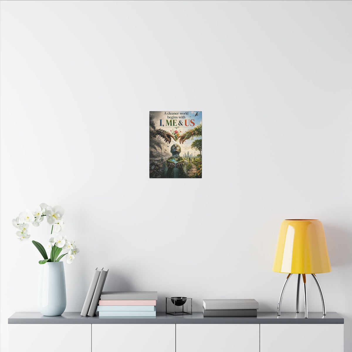"A CLEANER WORLD BEGINS WITH I, ME & UD" (Surrealist art style). Earthsmart Canvas Wall Art. (Matte Stretched Canvas).