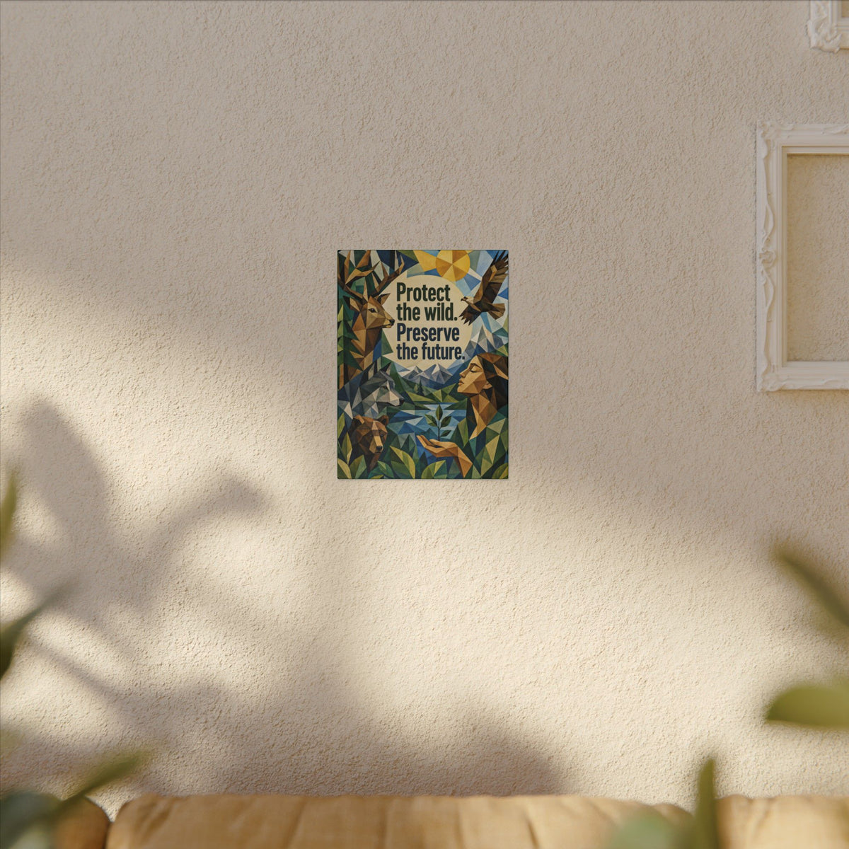 "PROTECT THE WILD PRESERVE THE FUTURE" (Cubist art style). Earthsmart Eco Canvas Wall Art (Matte Stretched Print).