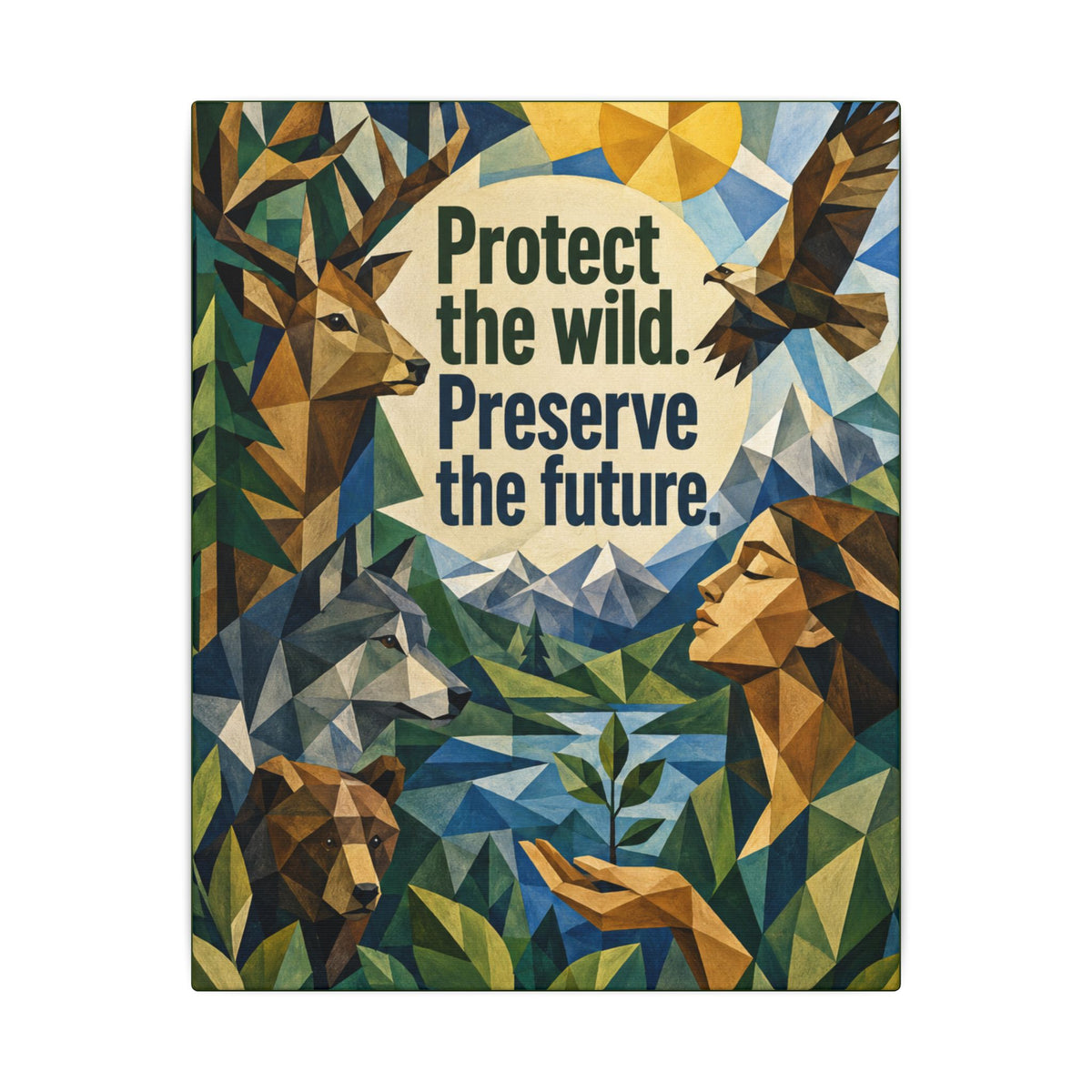 "PROTECT THE WILD PRESERVE THE FUTURE" (Cubist art style). Earthsmart Eco Canvas Wall Art (Matte Stretched Print).