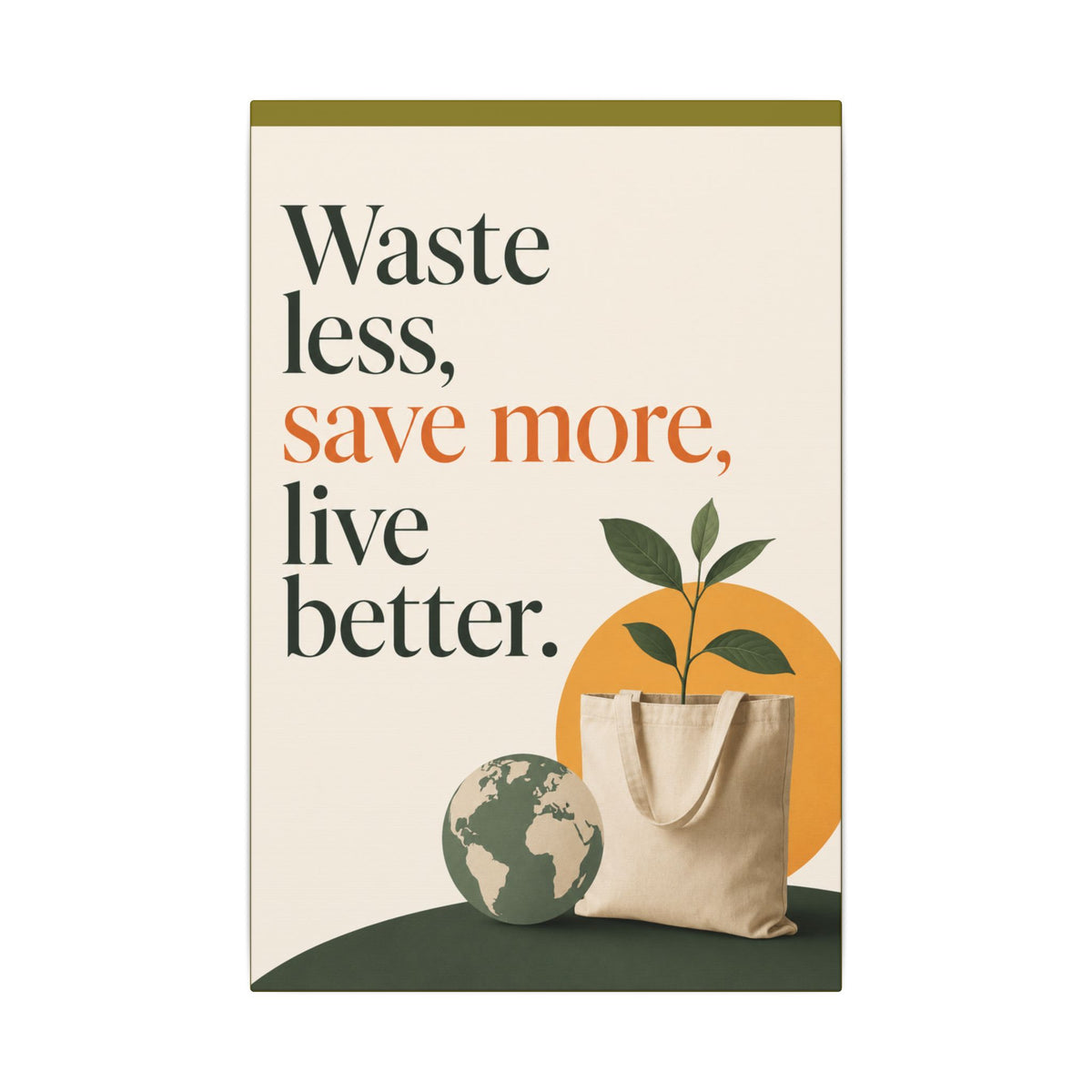 "WASTE LESS, SAVE MORE, LIVE BETTER." (Minimalist art style). Earthsmart Wall Art.