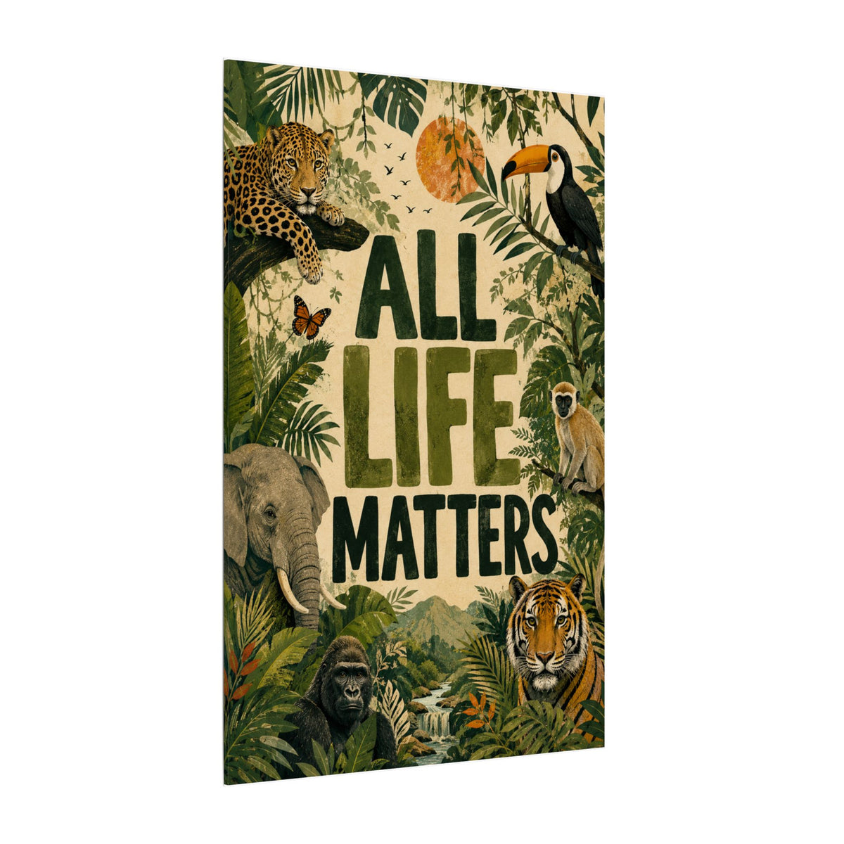 "ALL LIFE MATTERS" (Organic art style) Earthsmart Canvas Wall Art — Jungle Wildlife. (Matte Stretched Print)