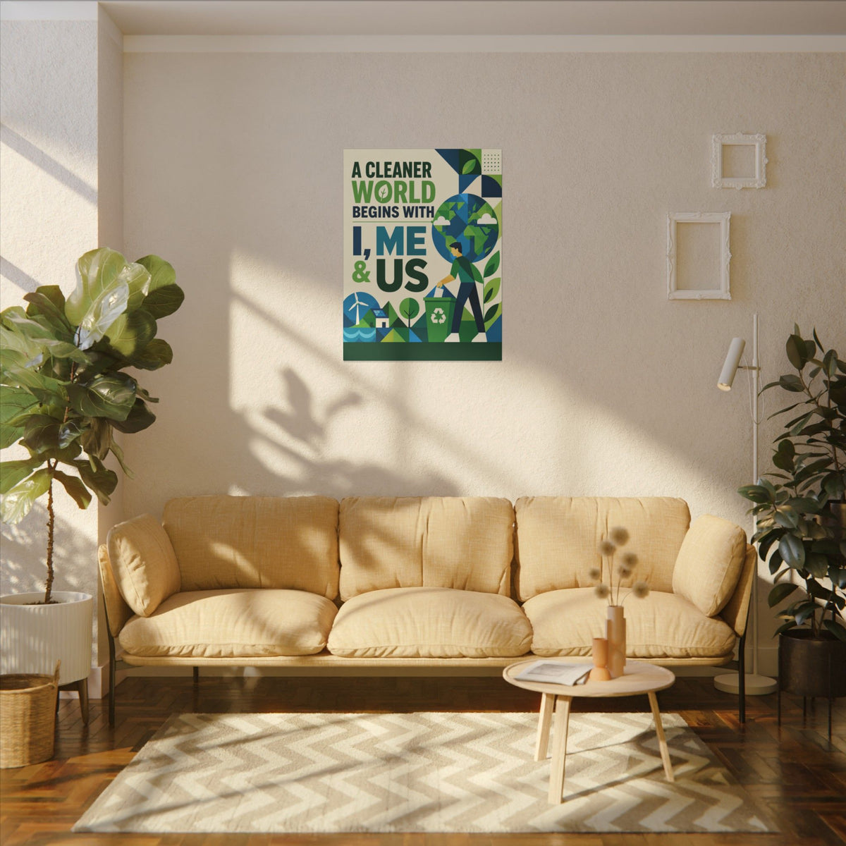 "A CLEANER WORLD BEGINS WITH I, ME & US (Geometric art style). Earthsmart Canvas Wall Art. ( Matte Stretched Print).