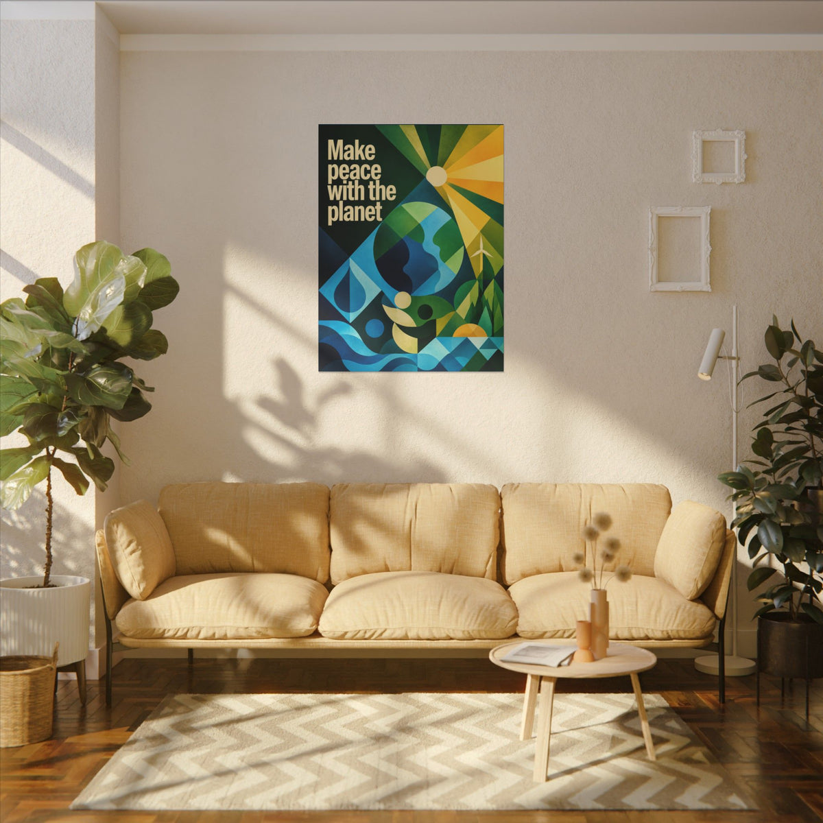 "MAKE PEACE WITH THE PLANET" (Radical Geometric art style). Earthsmart Eco Canvas Wall Art (Matte Stretched Print).