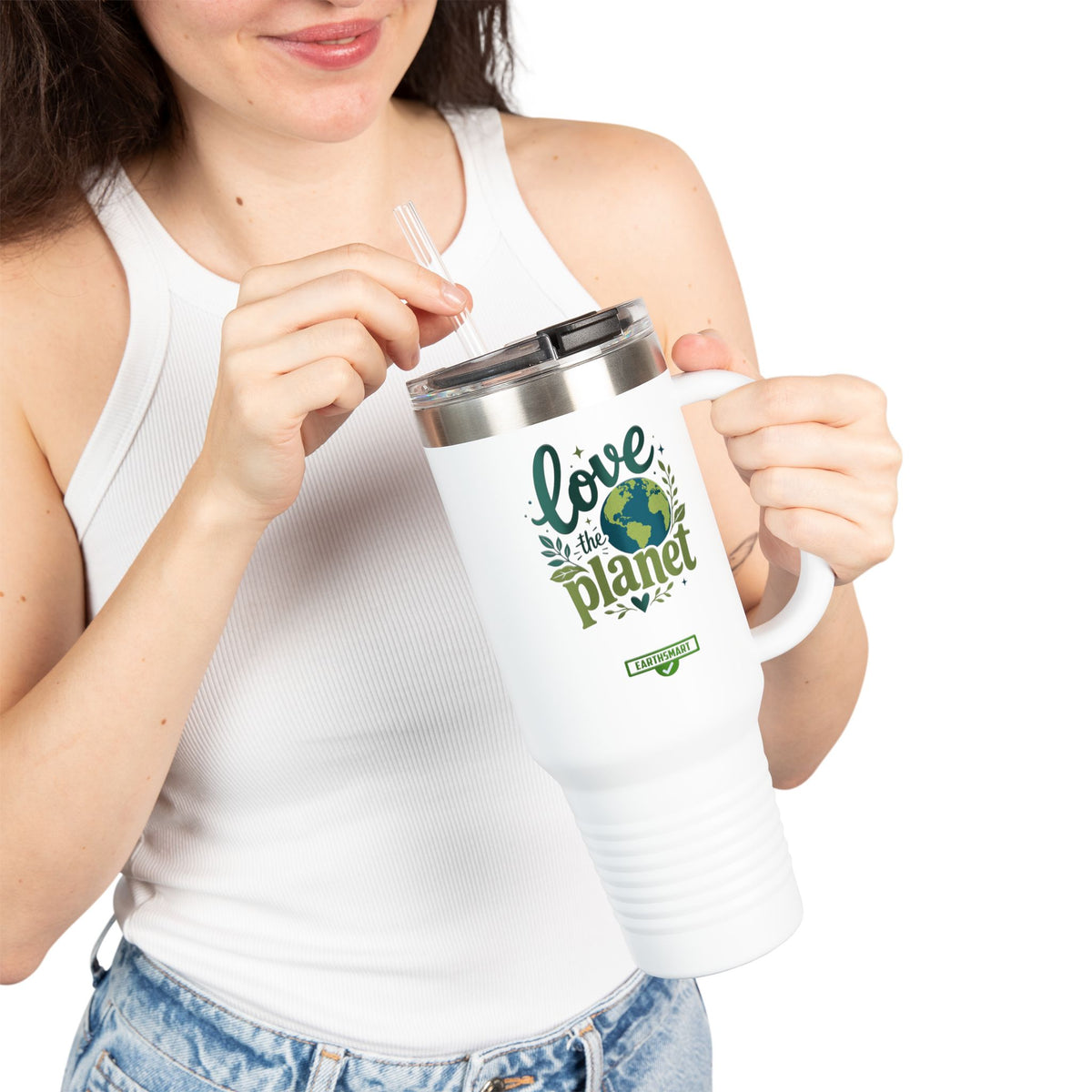 EARTHSMART ECO TUMBLER - 'LOVE THE PLANET' version -  100% stainless steel (body), 100% recycled plastic (straw and lid).(1.8L - 40OZ)