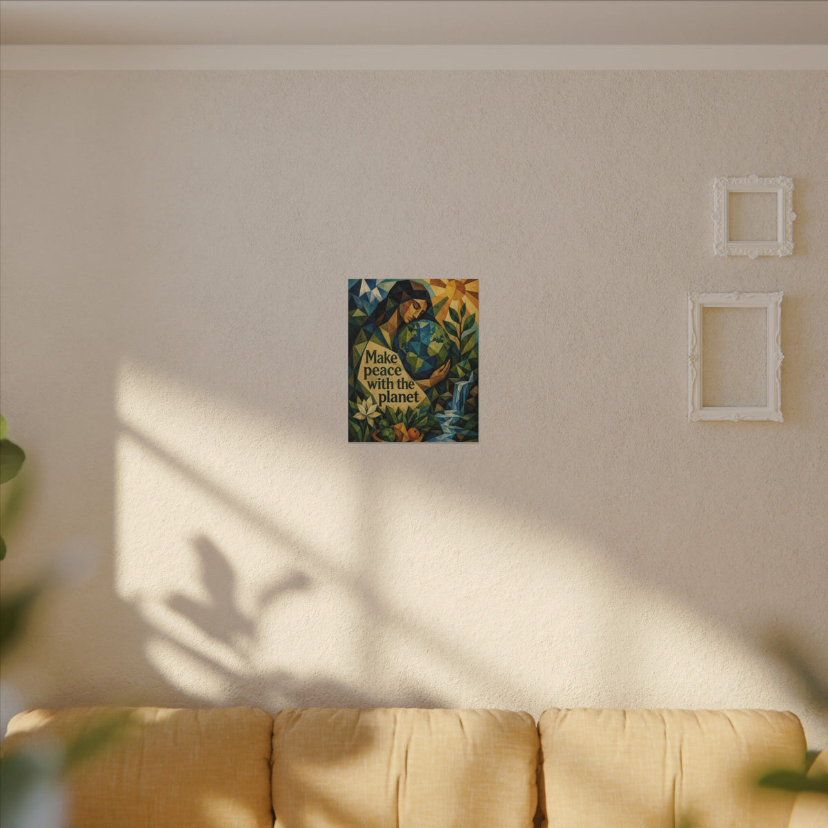 "MAKE PEACE WITH THE PLANET" (Cubist art style). Earthsmart Eco Canvas Wall Art (Matte Stretched Print).