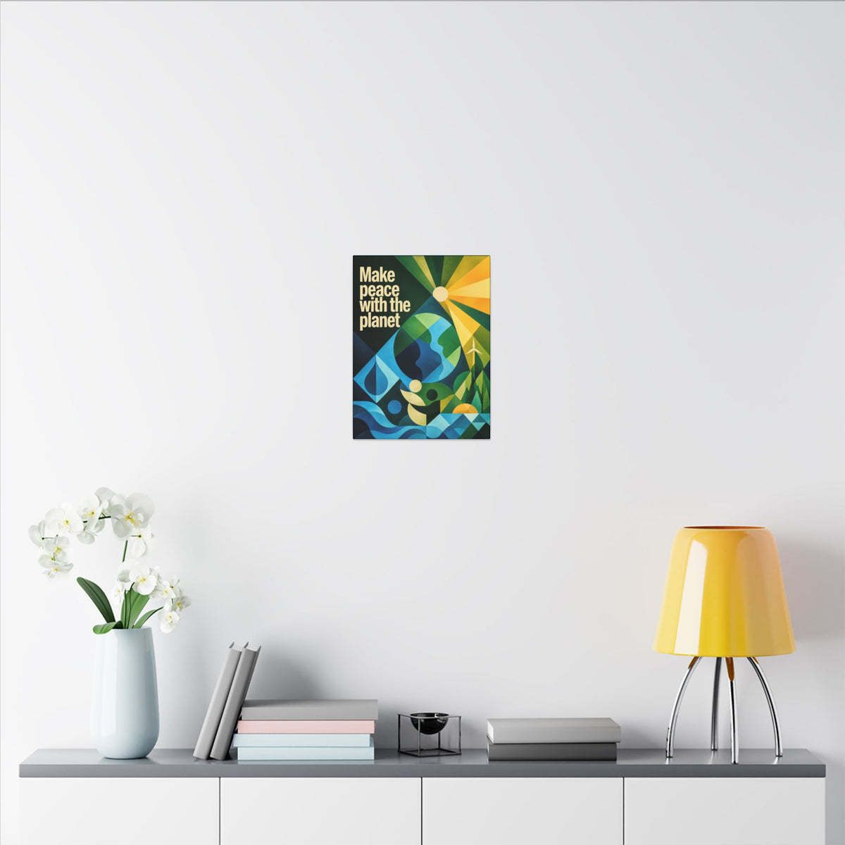 "MAKE PEACE WITH THE PLANET" (Radical Geometric art style). Earthsmart Eco Canvas Wall Art (Matte Stretched Print).