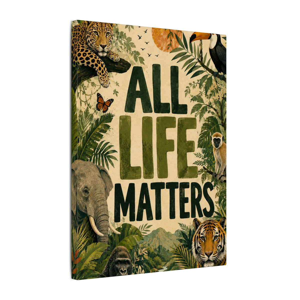 "ALL LIFE MATTERS" (Organic art style) Earthsmart Canvas Wall Art — Jungle Wildlife. (Matte Stretched Print)