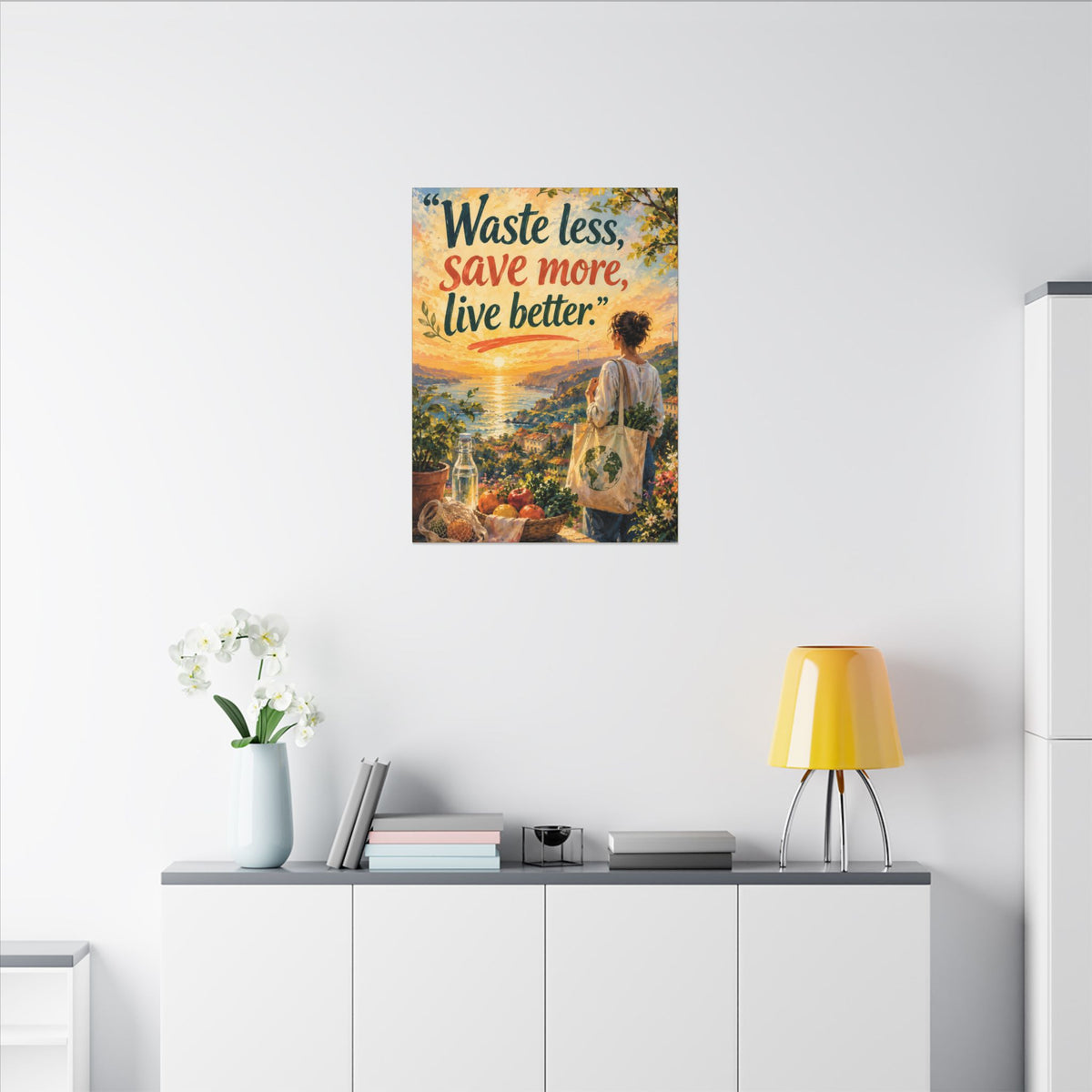 "WASTE LESS, SAVE MORE, LIVE BETTTER." (Impressionist art style). Earthsmart,  Eco-Friendly Inspirational Wall Art