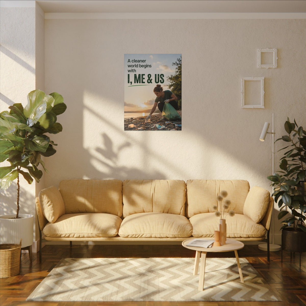 "A CLEANER WORLD BEGINS WITH I, ME & US" (Photographic style). Earthsmart Canvas Wall Art. (Matte Stretched Print).