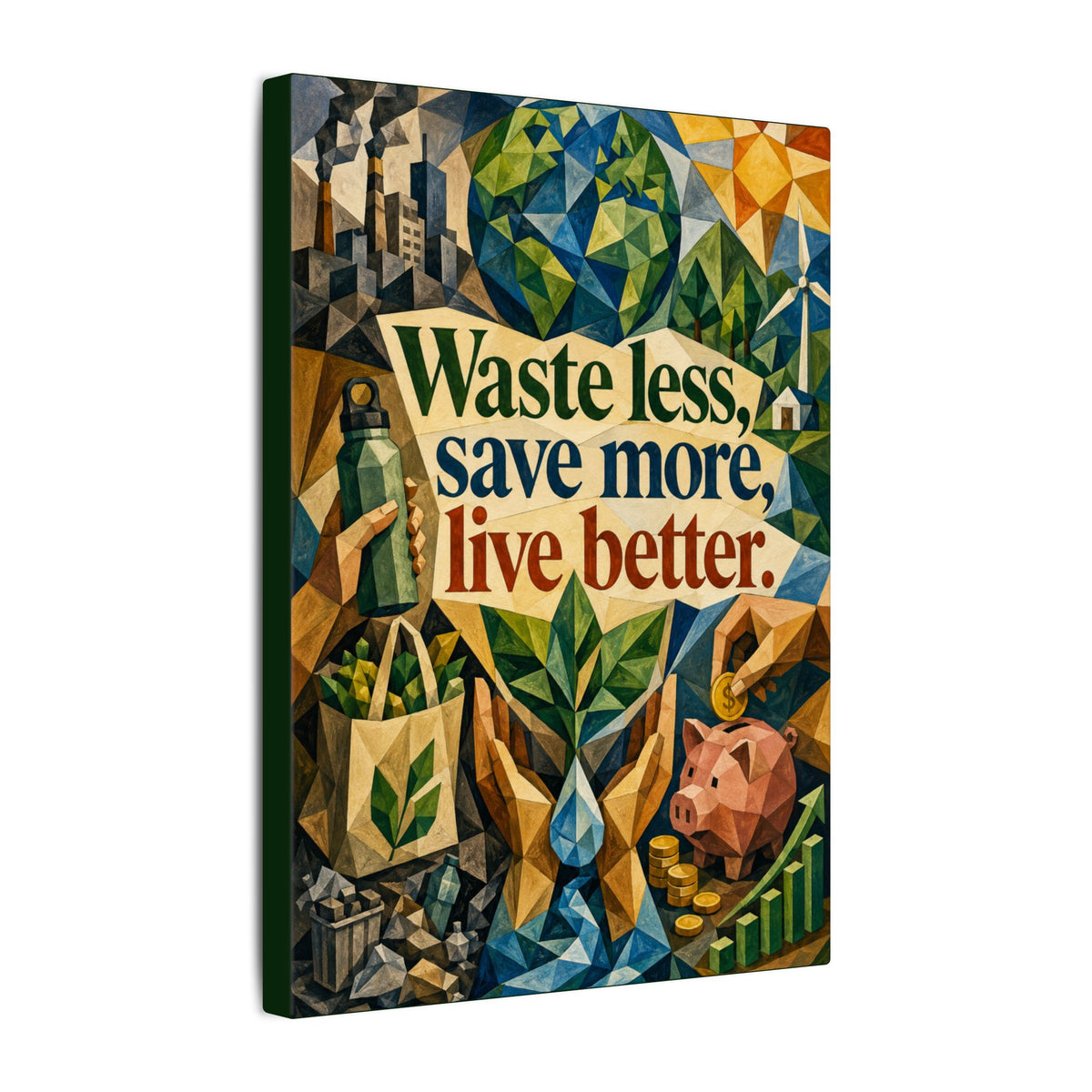 "WASTE LESS SAVE MORE, LIVE BETTTER." (Cubist art style). Earthsmart,  Eco-Friendly Inspirational Wall Art